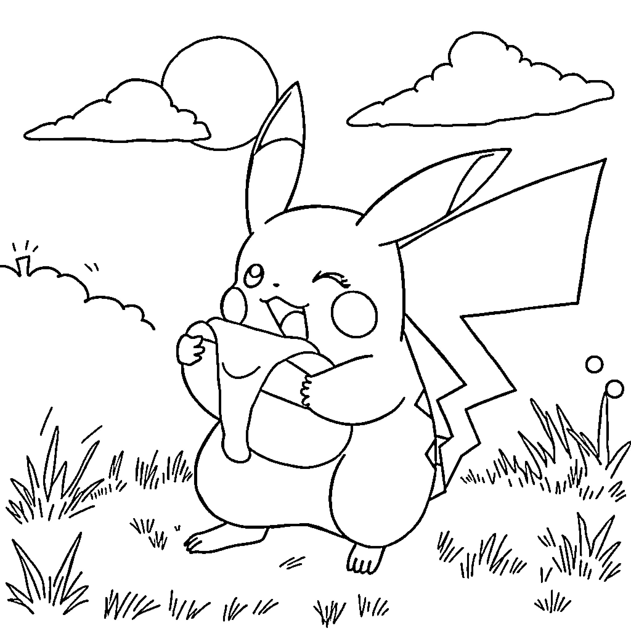 Pikachu happily exploring the grassy outdoors Coloring Page (free black-and-white line drawing printable PDF for all, from beginners to advanced learners, including children, teens, adults, and seniors)