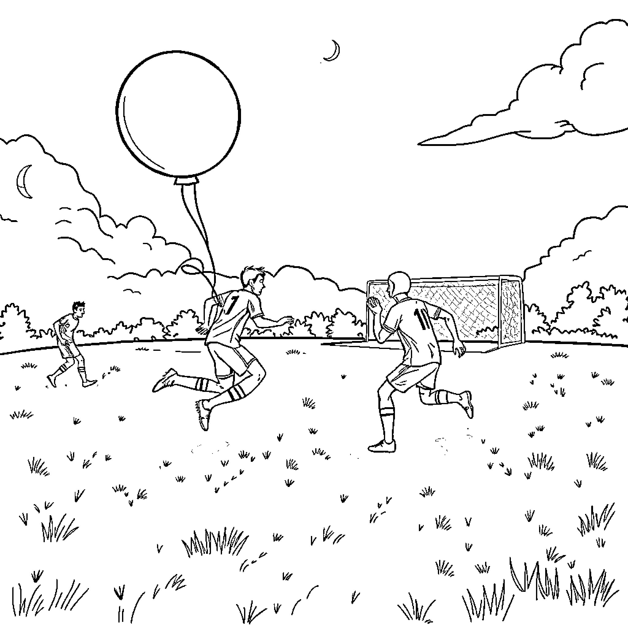 Football players enjoying playful outdoor match Coloring Page (free black-and-white line drawing printable PDF for all, from beginners to advanced learners, including children, teens, adults, and seniors)