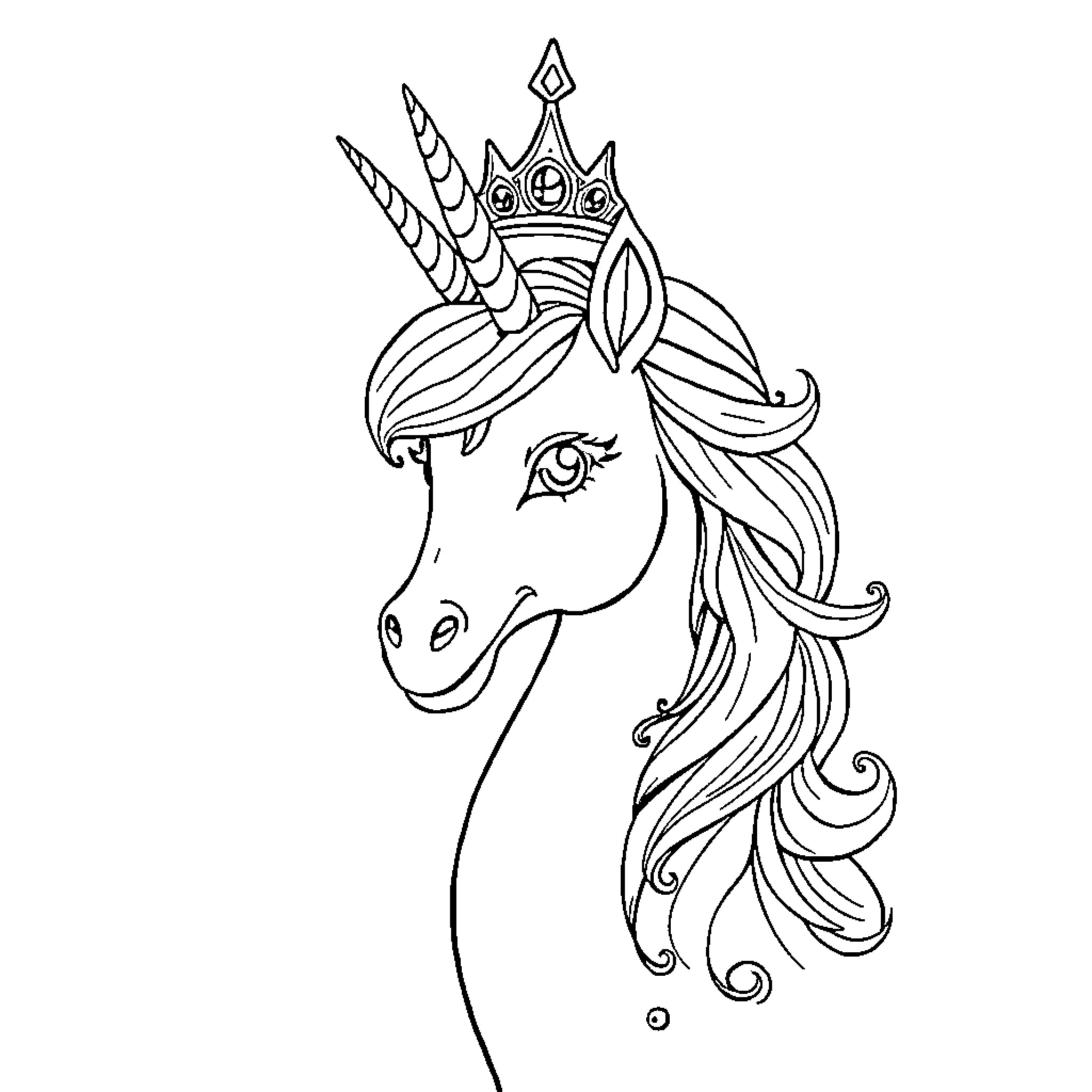 Unicorn with Majestic Crown and Flowing Mane Coloring Page (free black-and-white line drawing printable PDF for all, from beginners to advanced learners, including children, teens, adults, and seniors)
