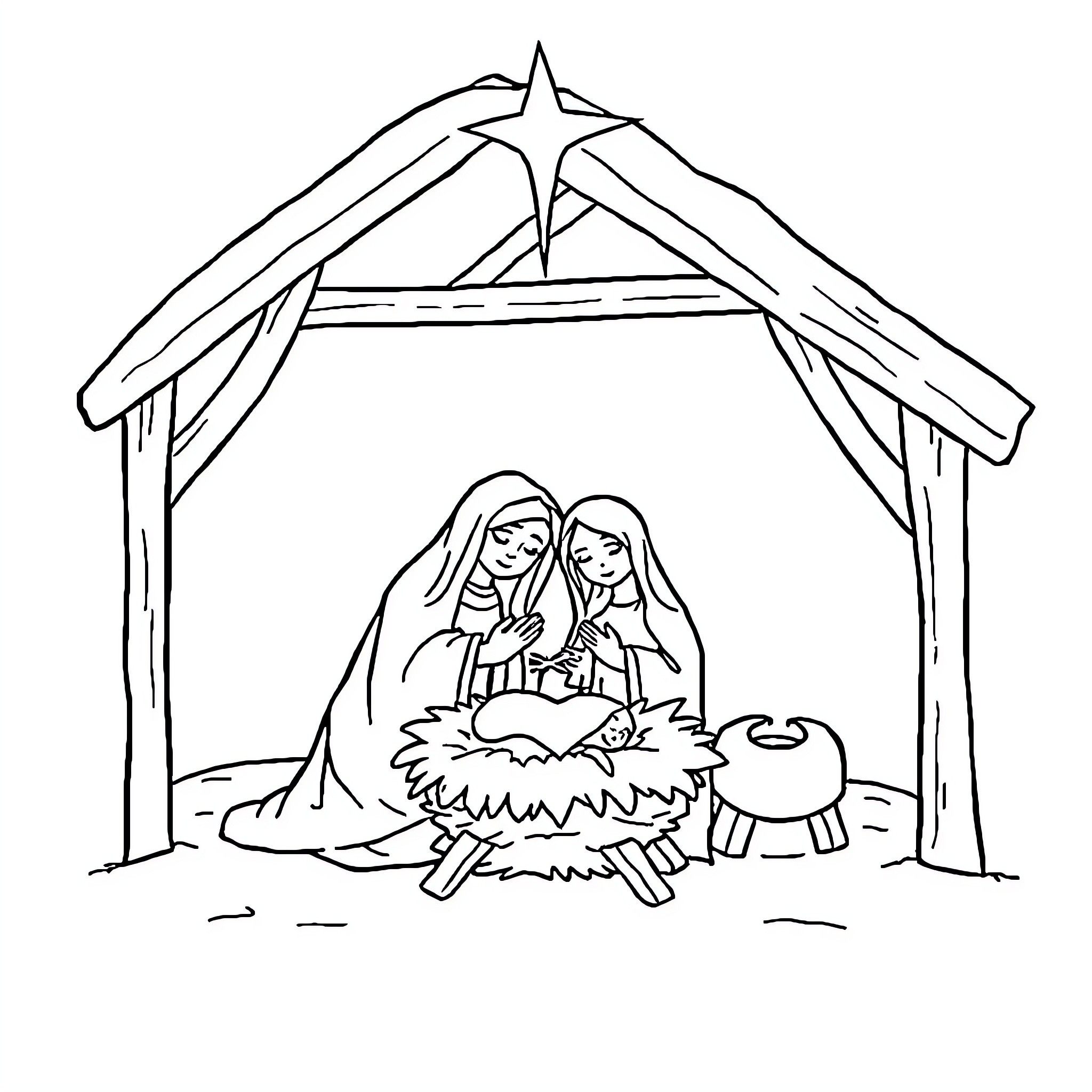 Nativity scene depicting baby Jesus in the manger Coloring Page (free black-and-white line drawing printable PDF for all, from beginners to advanced learners, including children, teens, adults, and seniors)