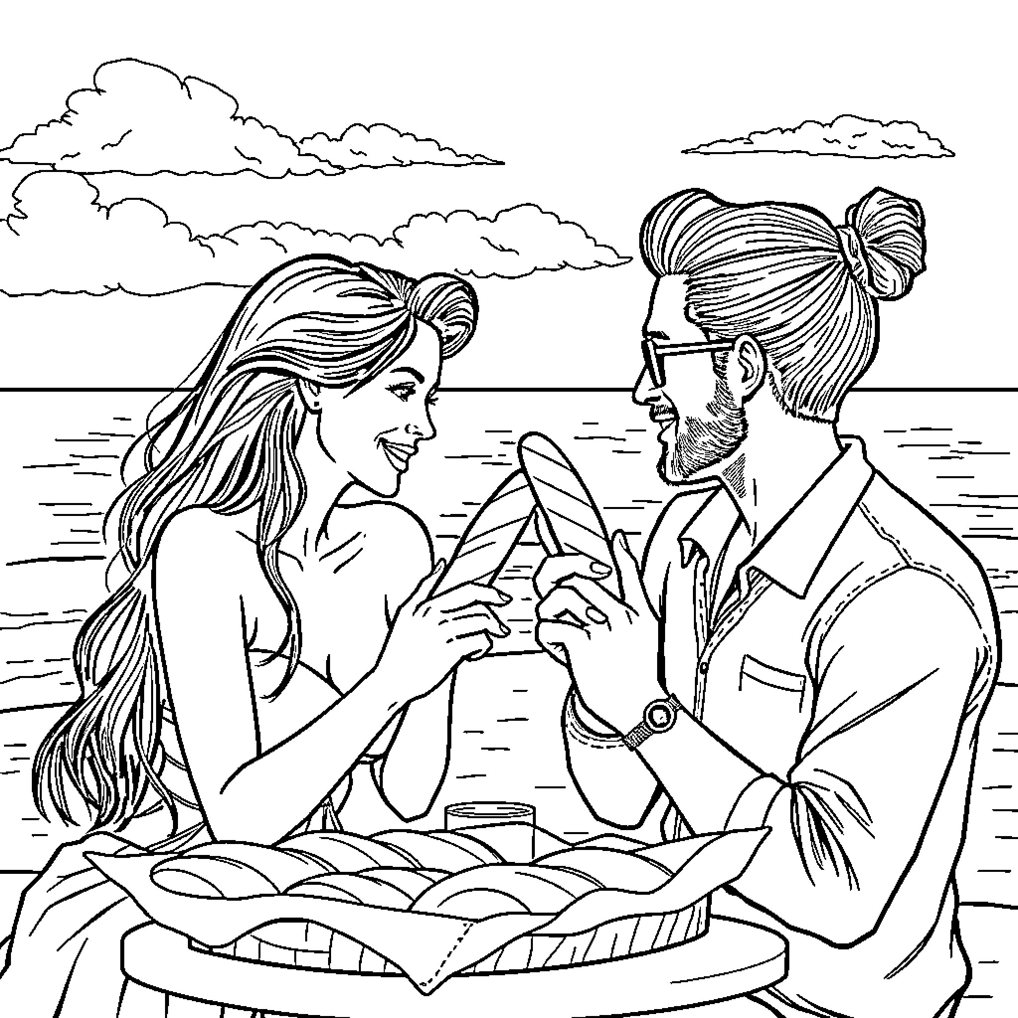 Man and Woman enjoying a romantic beach date Coloring Page (free black-and-white line drawing printable PDF for all, from beginners to advanced learners, including children, teens, adults, and seniors)