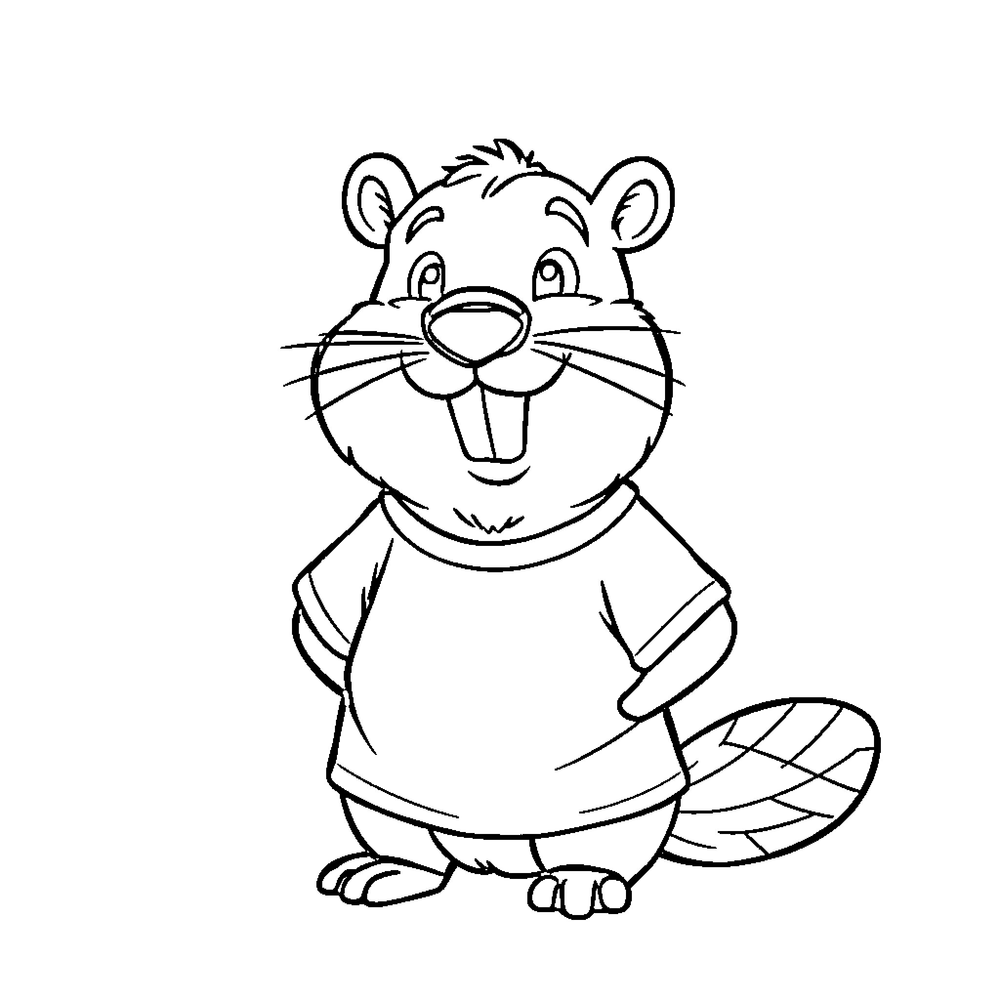 Beaver in a shirt playing happily Coloring Page (free black-and-white line drawing printable PDF for all, from beginners to advanced learners, including children, teens, adults, and seniors)