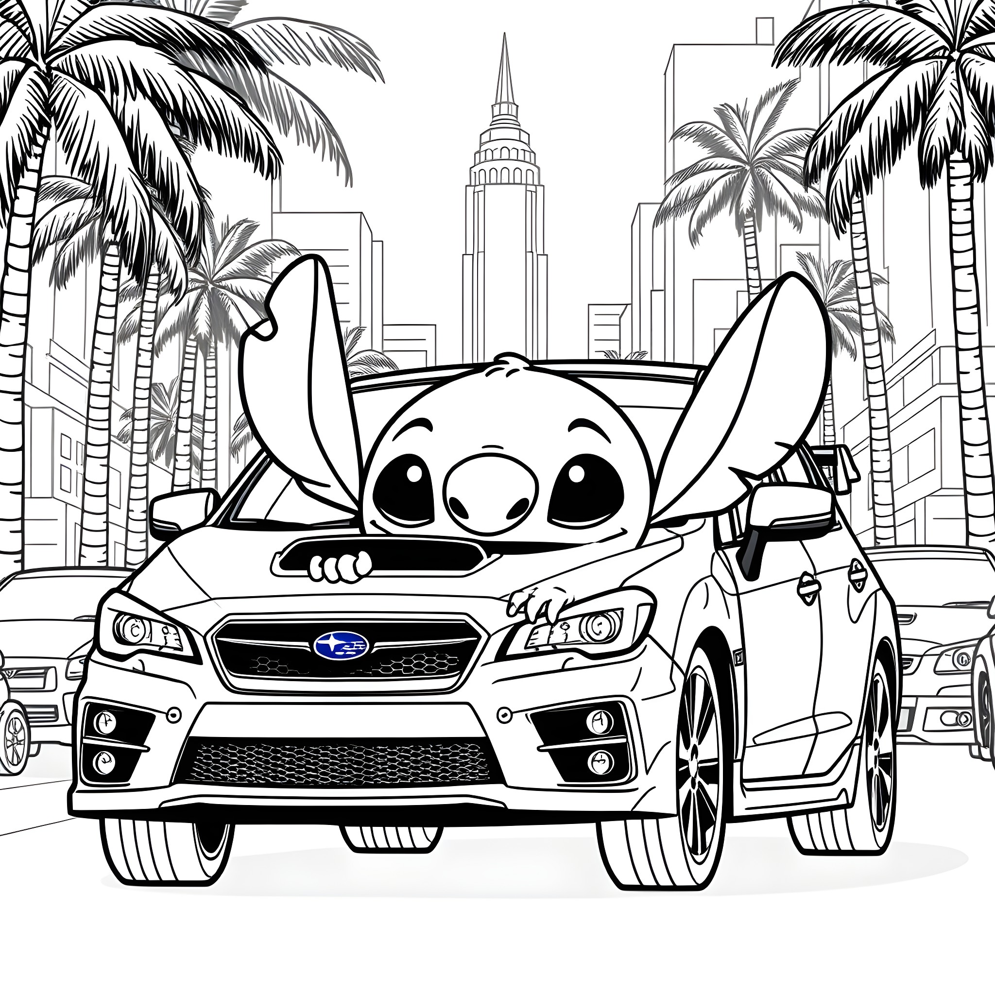 Stitch driving a car in the city Coloring Page (free black-and-white line drawing printable PDF for all, from beginners to advanced learners, including children, teens, adults, and seniors)