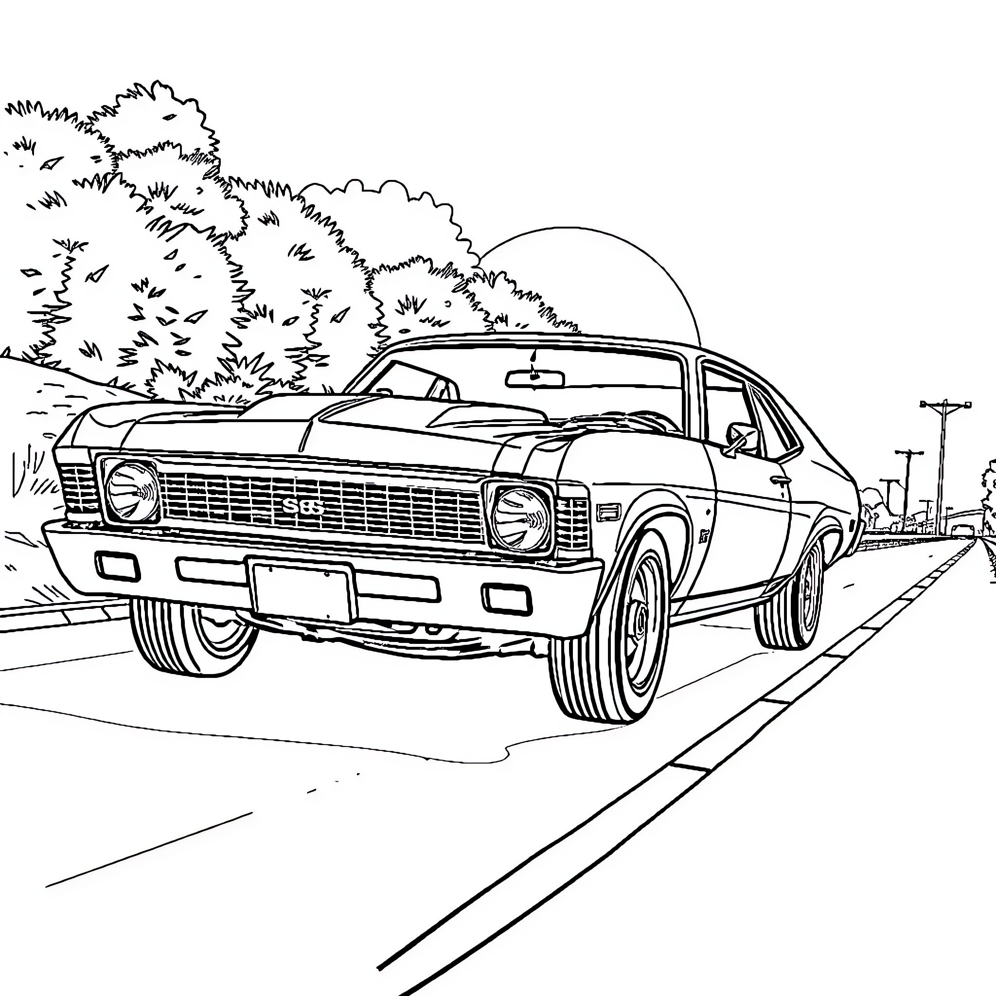 Chevrolet Nova speeding through the countryside Coloring Page (free black-and-white line drawing printable PDF for all, from beginners to advanced learners, including children, teens, adults, and seniors)