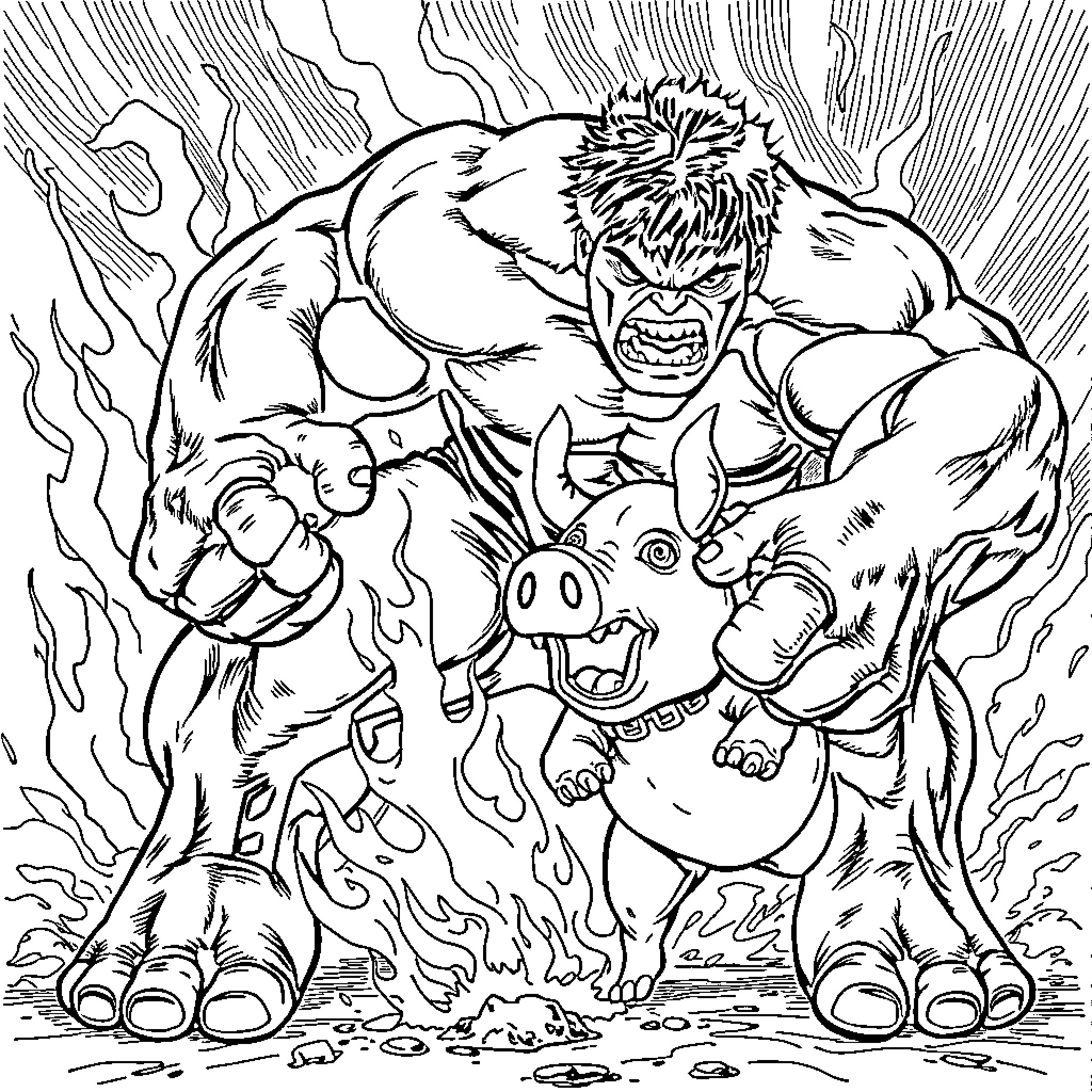Hulk facing off against fierce monsters Coloring Page (free black-and-white line drawing printable PDF for all, from beginners to advanced learners, including children, teens, adults, and seniors)
