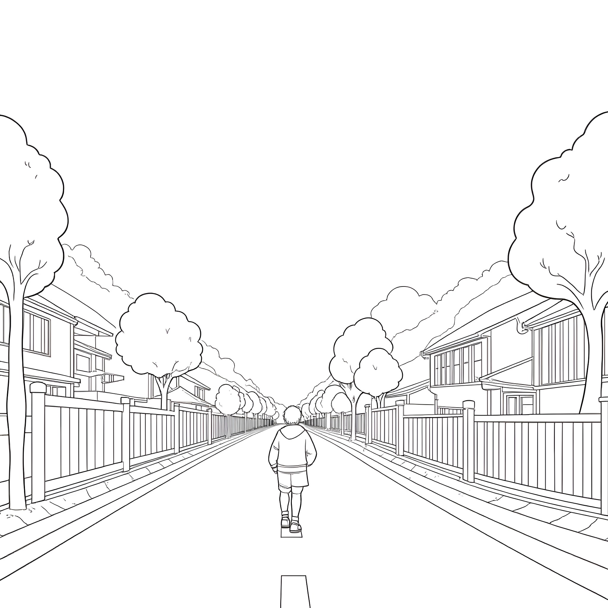 Kid walking down a peaceful village street Coloring Page (free black-and-white line drawing printable PDF for all, from beginners to advanced learners, including children, teens, adults, and seniors)