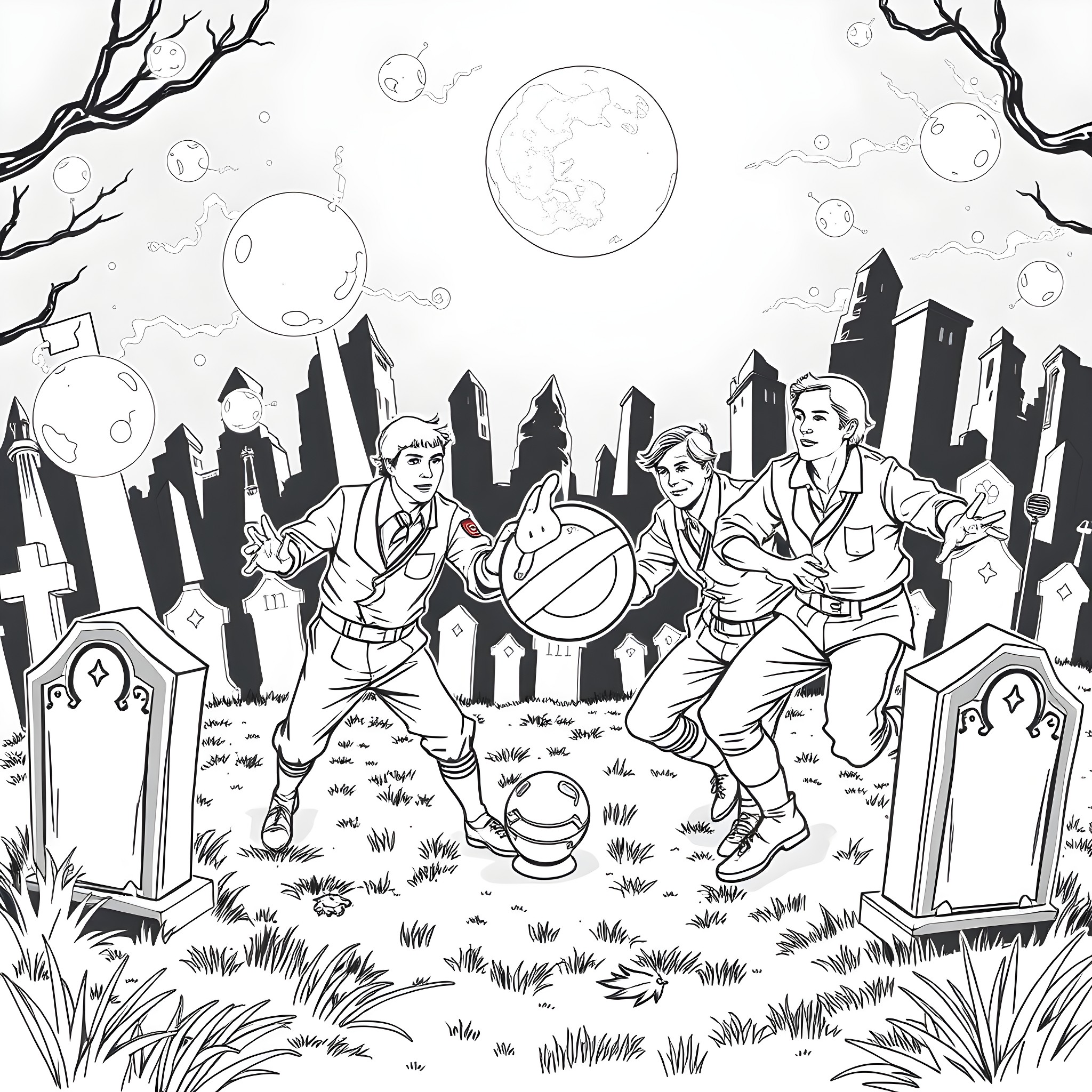Ghostbusters in action, ready to tackle supernatural foes Coloring Page (free black-and-white line drawing printable PDF for all, from beginners to advanced learners, including children, teens, adults, and seniors)