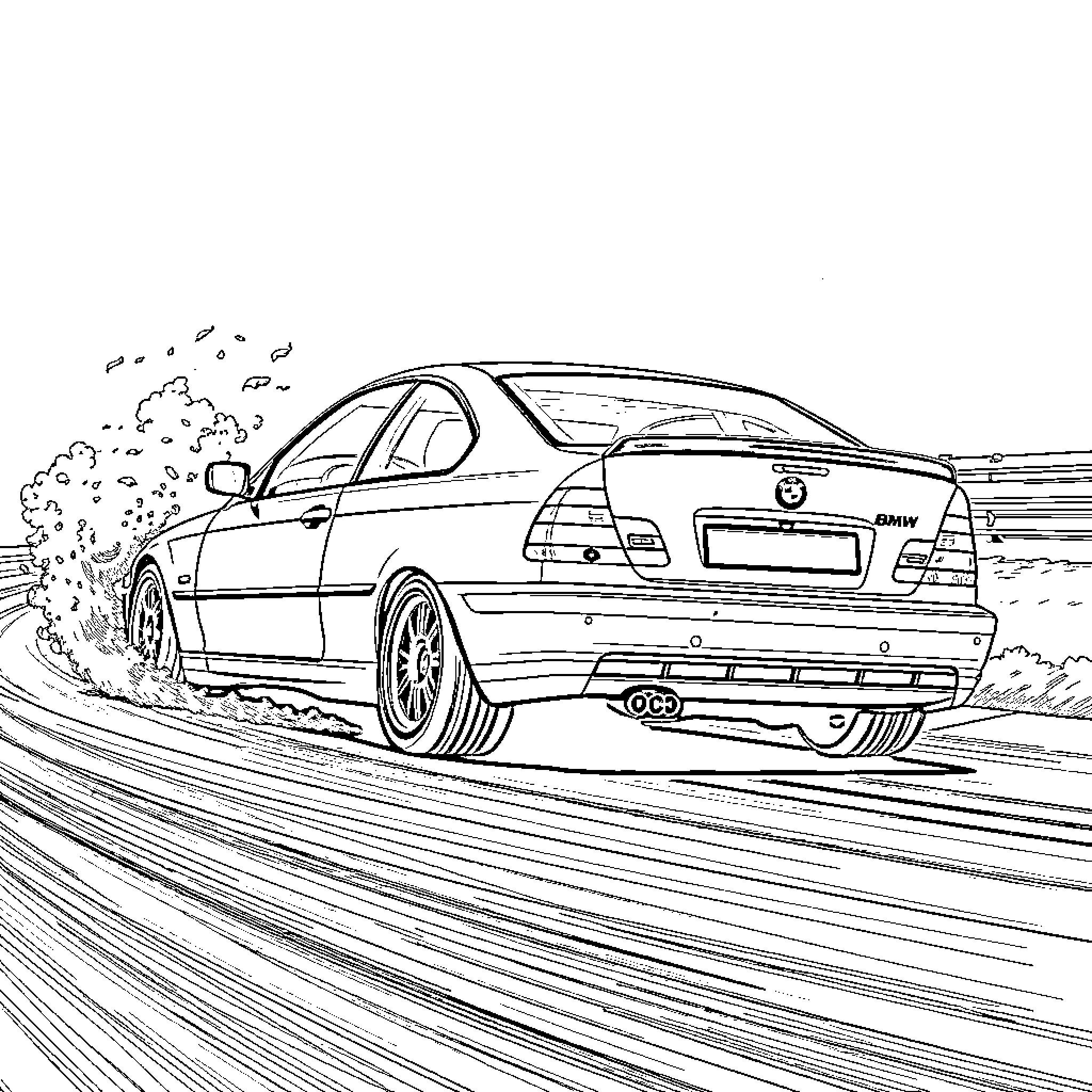 BMW speeding on a winding road Coloring Page (free black-and-white line drawing printable PDF for all, from beginners to advanced learners, including children, teens, adults, and seniors)