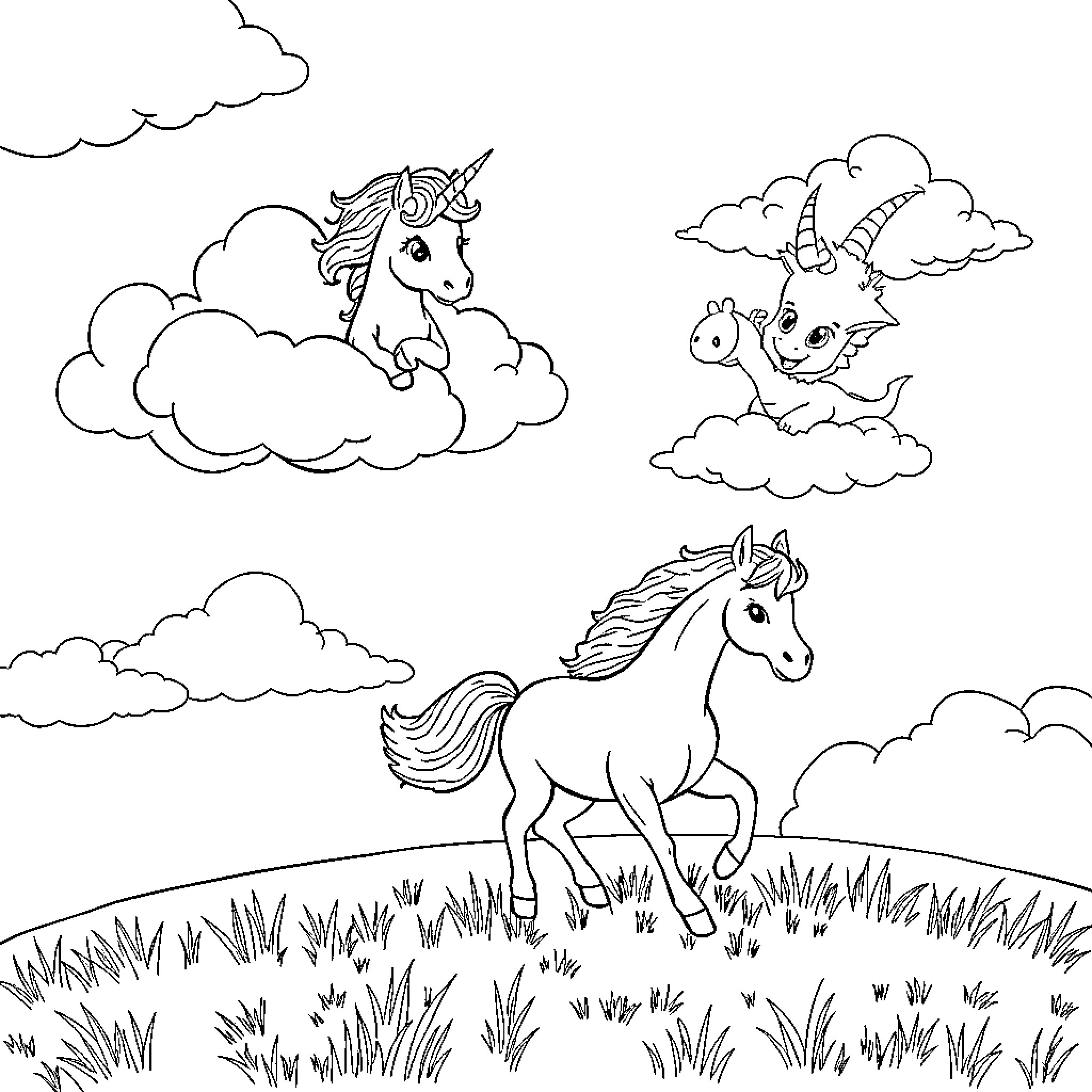 Unicorns playing joyfully among the clouds Coloring Page (free black-and-white line drawing printable PDF for all, from beginners to advanced learners, including children, teens, adults, and seniors)