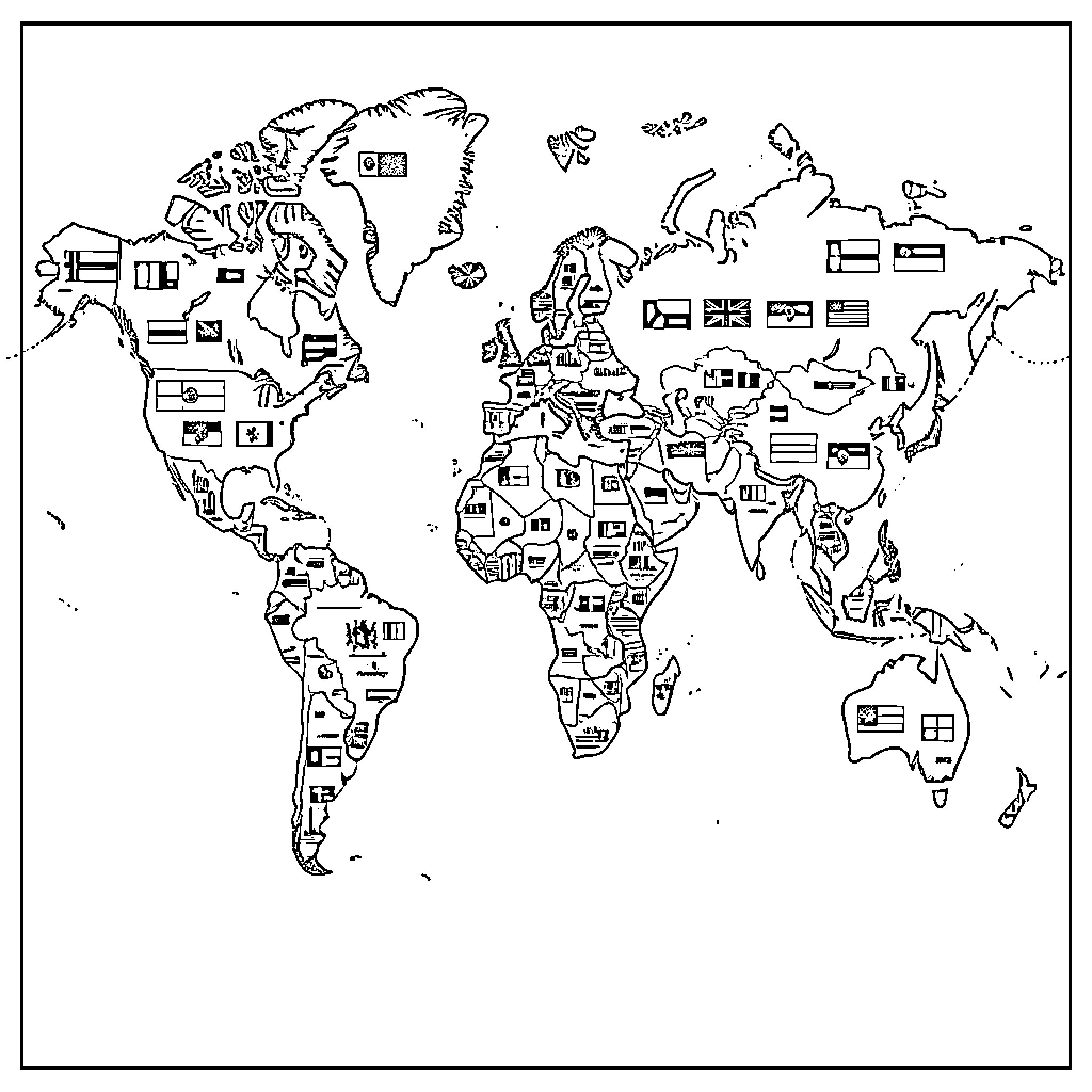 World Map featuring various national flags on continents Coloring Page (free black-and-white line drawing printable PDF for all, from beginners to advanced learners, including children, teens, adults, and seniors)