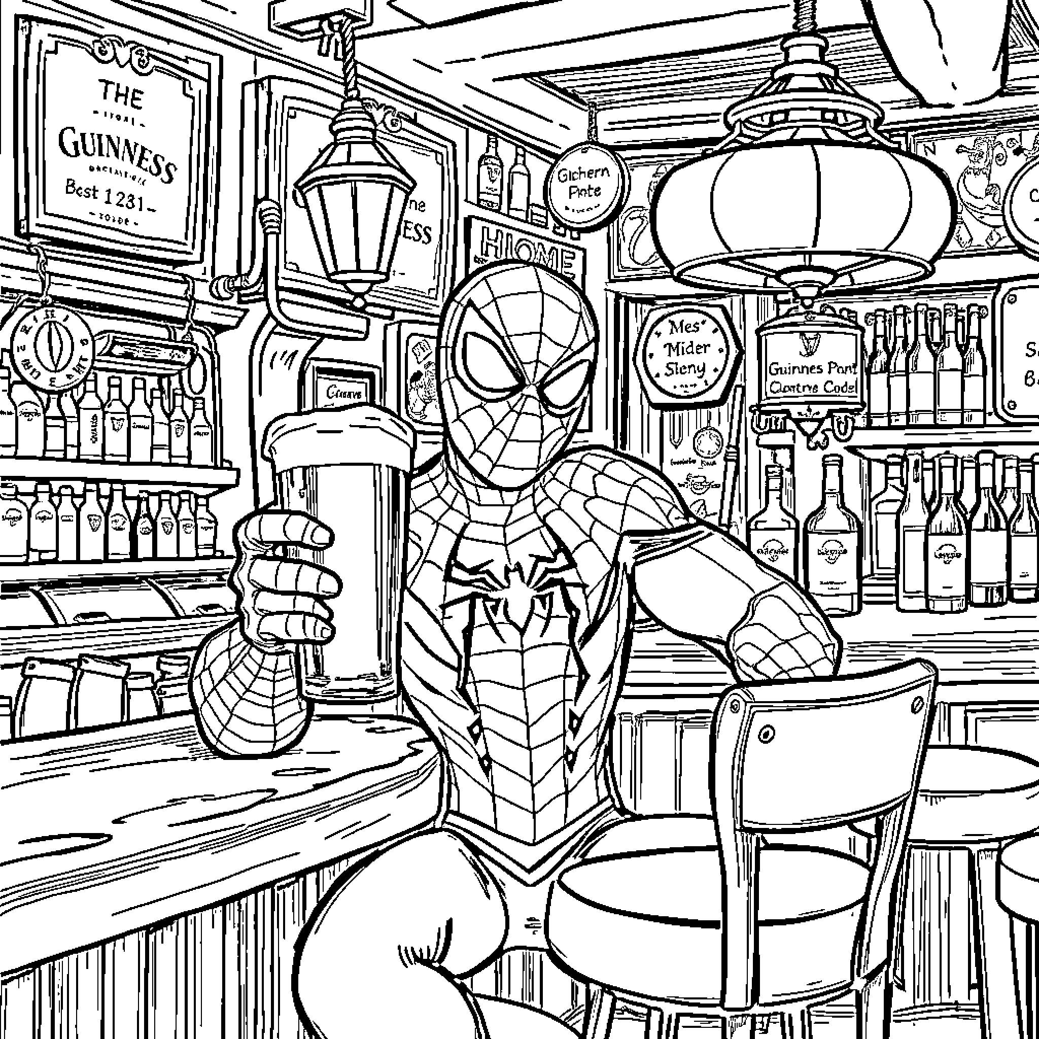 Spider-Man enjoying a drink at the bar Coloring Page (free black-and-white line drawing printable PDF for all, from beginners to advanced learners, including children, teens, adults, and seniors)