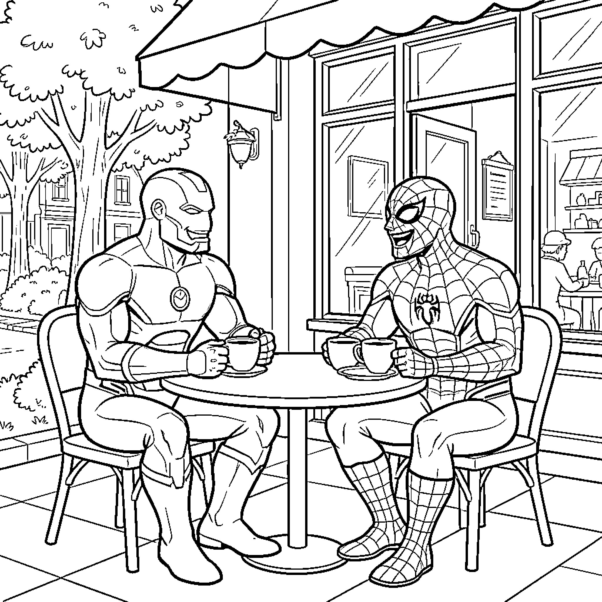 Ironman and Spider-Man drinking coffee at a cafe Coloring Page (free black-and-white line drawing printable PDF for all, from beginners to advanced learners, including children, teens, adults, and seniors)