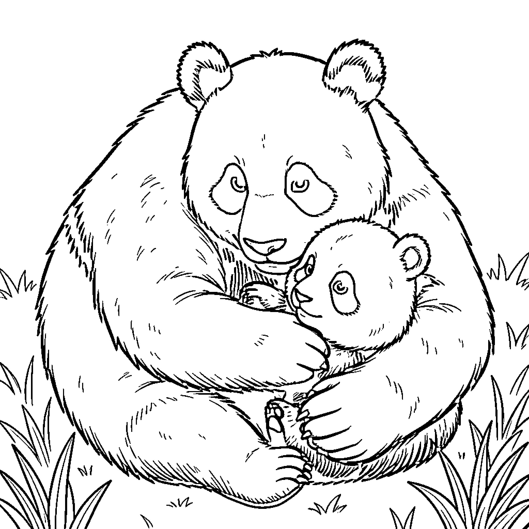 Panda hugging a baby cub affectionately Coloring Page (free black-and-white line drawing printable PDF for all, from beginners to advanced learners, including children, teens, adults, and seniors)
