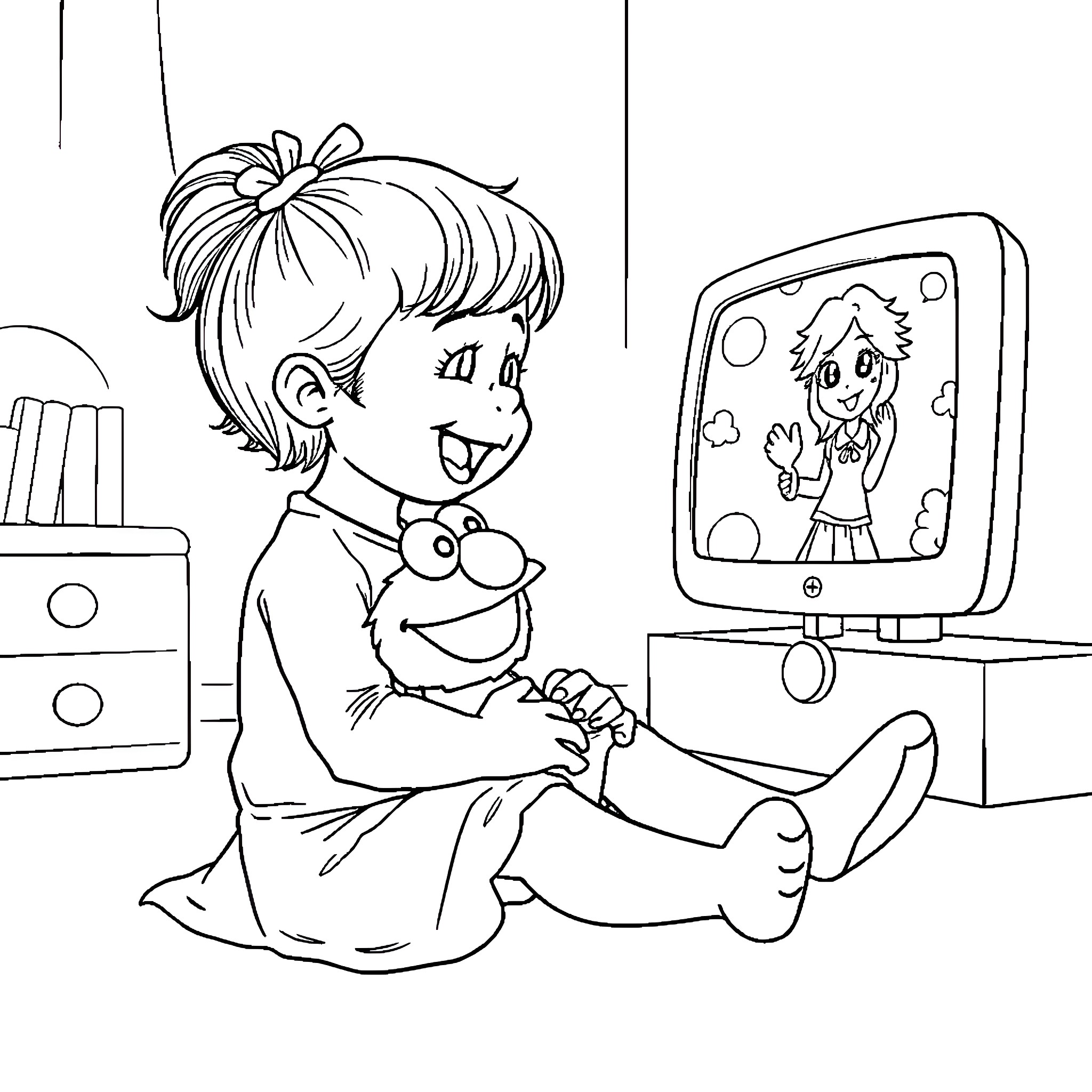 Baby Girl Watching Cartoons with Stuffed Animal Coloring Page (free black-and-white line drawing printable PDF for all, from beginners to advanced learners, including children, teens, adults, and seniors)