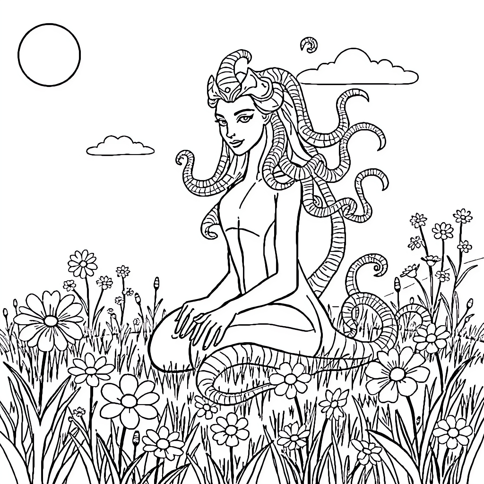 Medusa sitting amidst flowers and nature Coloring Page (free black-and-white line drawing printable PDF for all, from beginners to advanced learners, including children, teens, adults, and seniors)