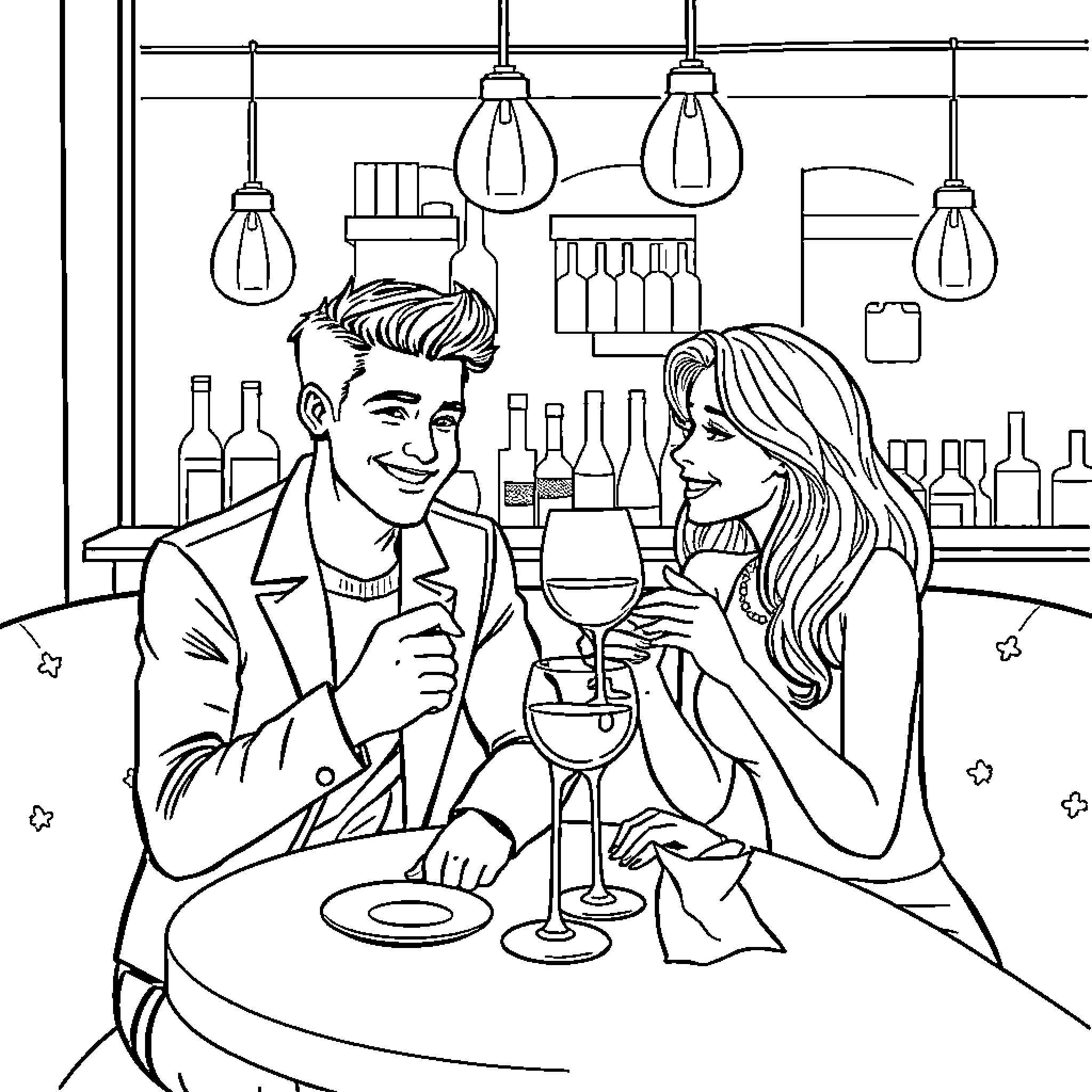Man and woman enjoying drinks at a bar Coloring Page (free black-and-white line drawing printable PDF for all, from beginners to advanced learners, including children, teens, adults, and seniors)