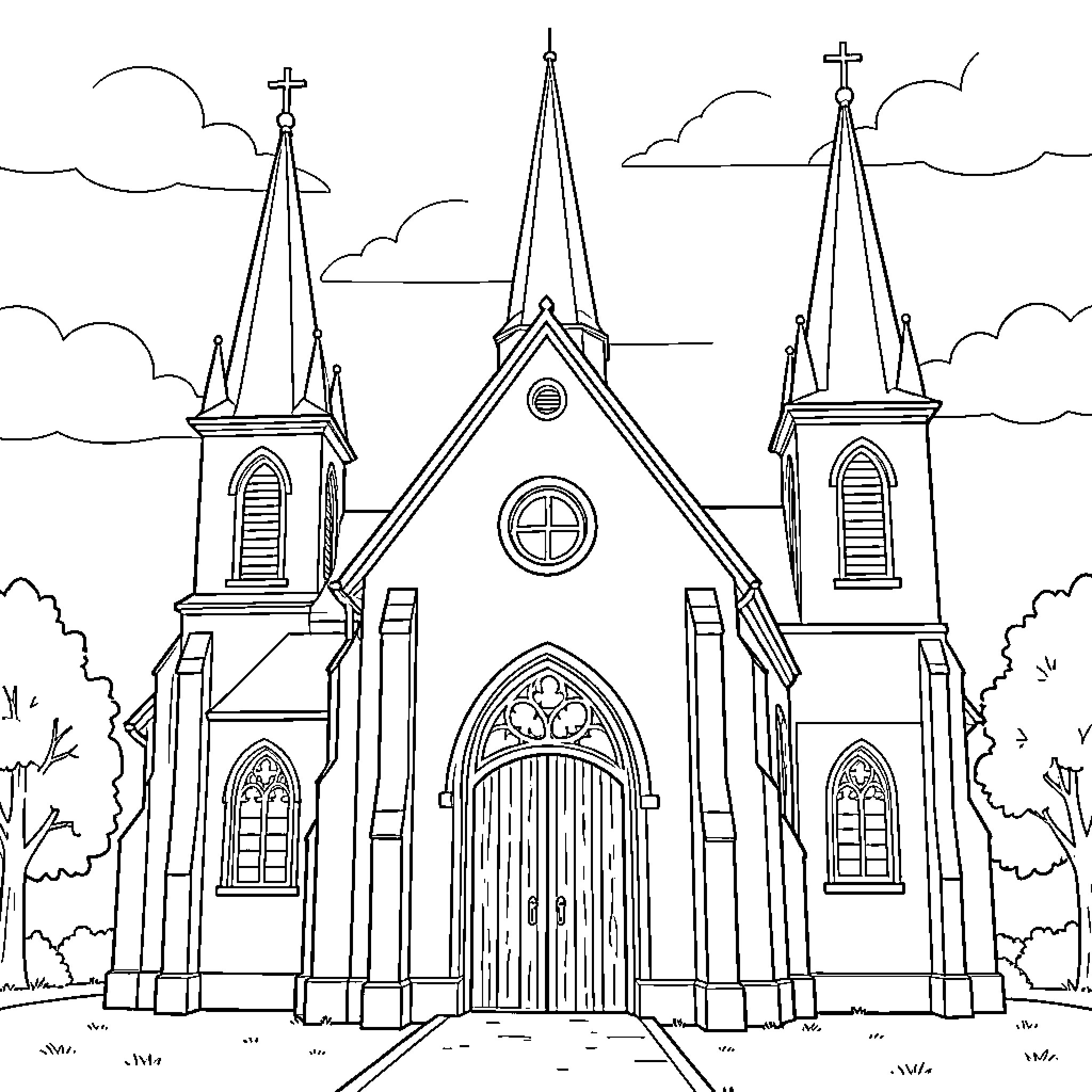 Church building standing tall under a cloudy sky Coloring Page (free black-and-white line drawing printable PDF for all, from beginners to advanced learners, including children, teens, adults, and seniors)