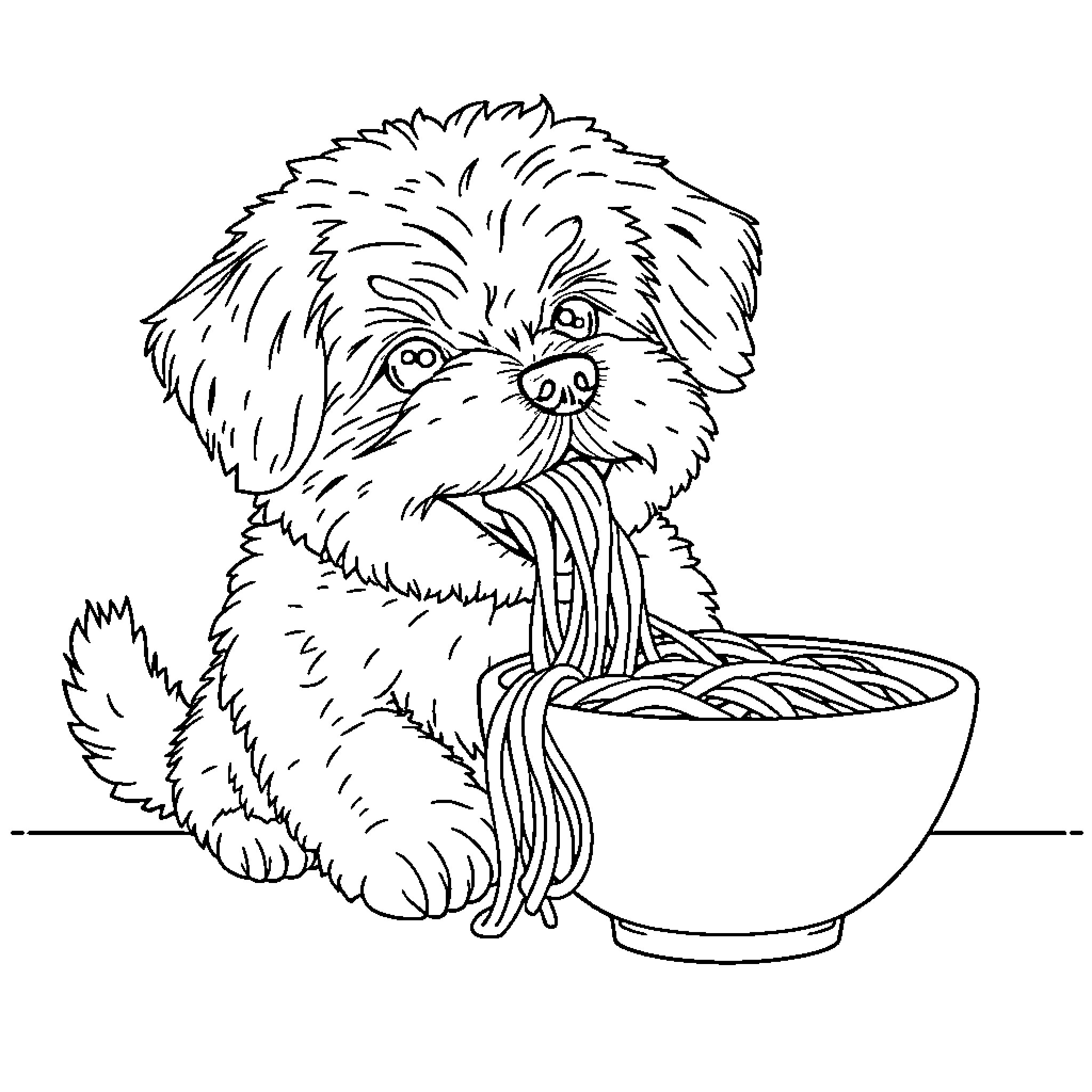 Cavachon enjoying a hearty meal Coloring Page (free black-and-white line drawing printable PDF for all, from beginners to advanced learners, including children, teens, adults, and seniors)