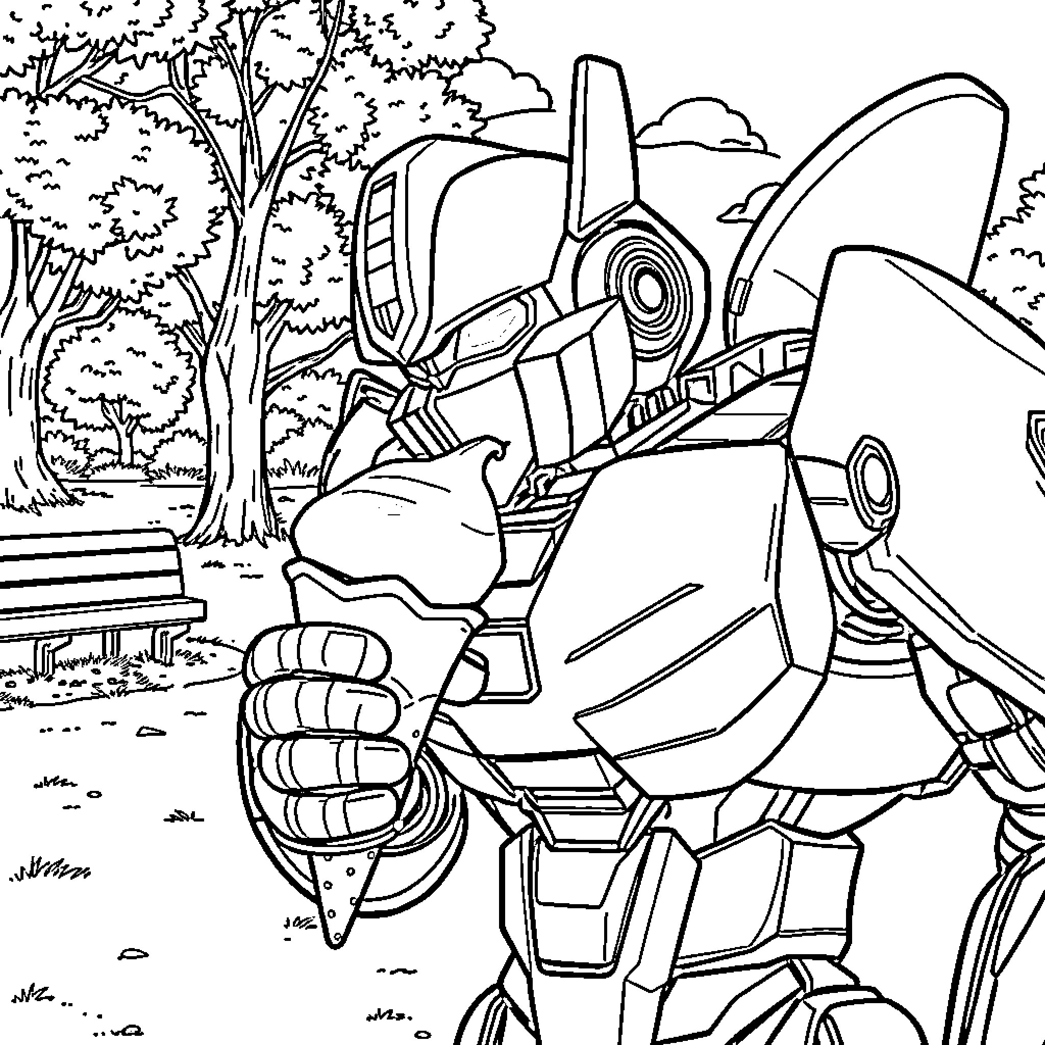 Bumblebee standing strong in the forest Coloring Page (free black-and-white line drawing printable PDF for all, from beginners to advanced learners, including children, teens, adults, and seniors)