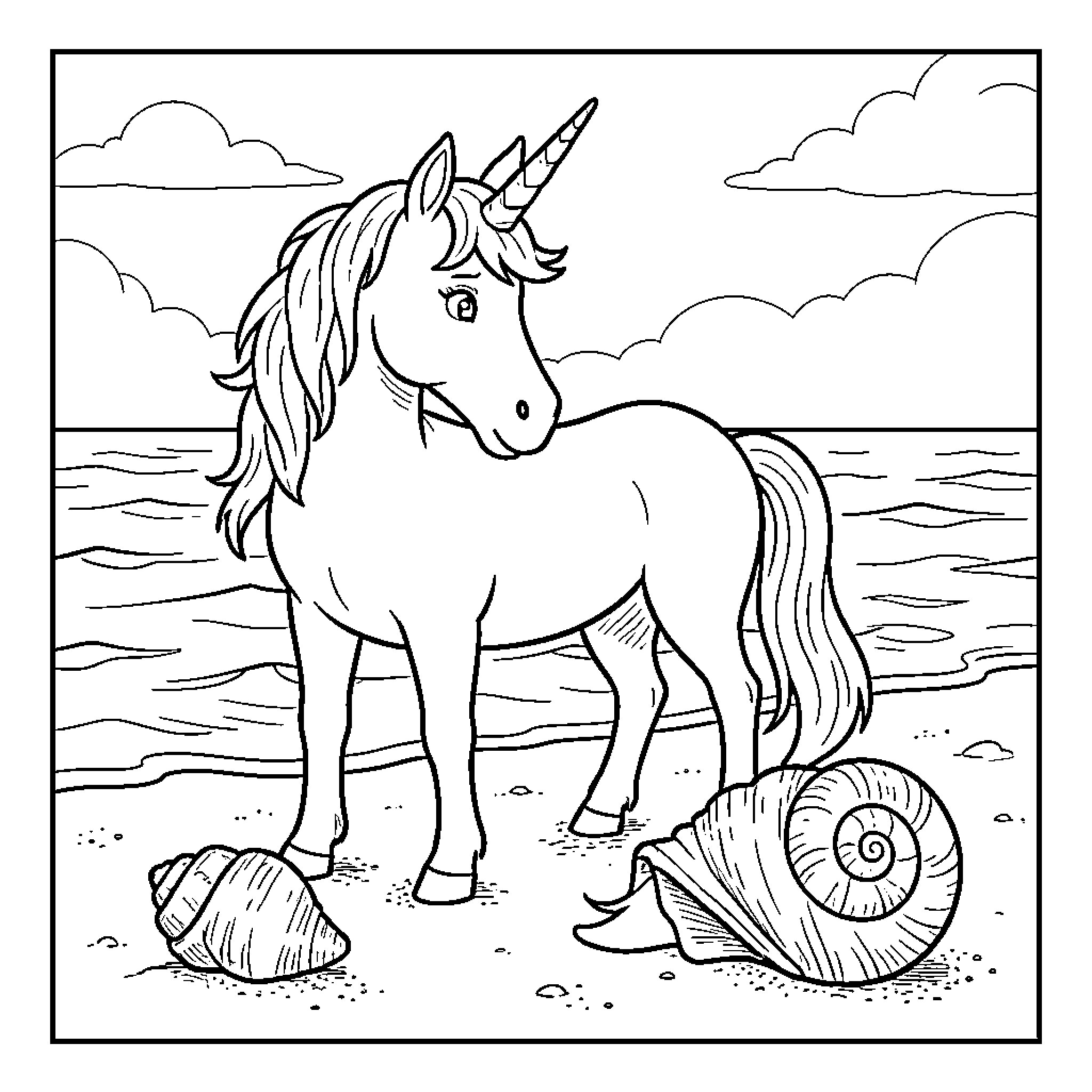 Unicorn standing peacefully on a sandy beach Coloring Page (free black-and-white line drawing printable PDF for all, from beginners to advanced learners, including children, teens, adults, and seniors)