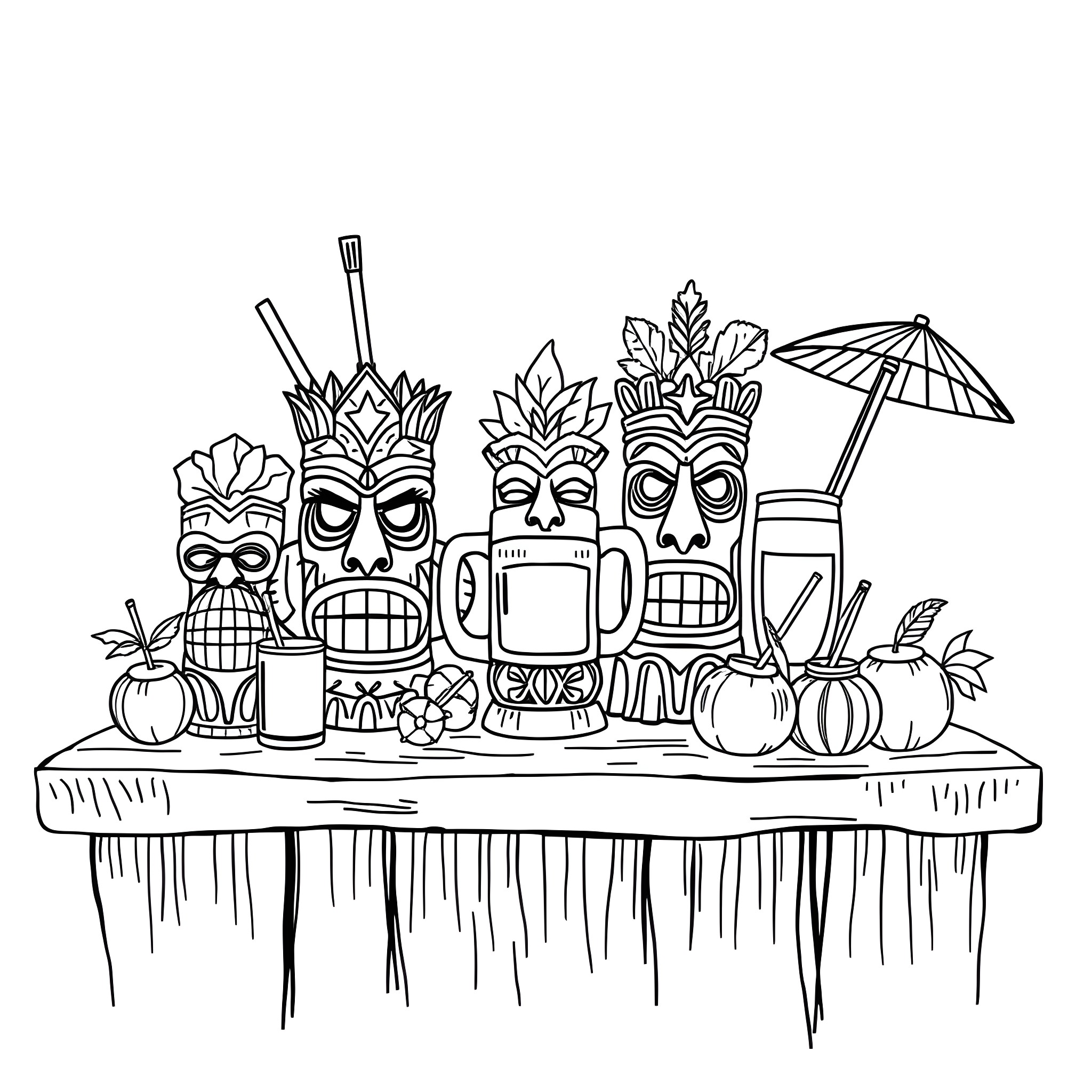 Tiki Mug Scene with Tropical Decor and Accessories Coloring Page (free black-and-white line drawing printable PDF for all, from beginners to advanced learners, including children, teens, adults, and seniors)
