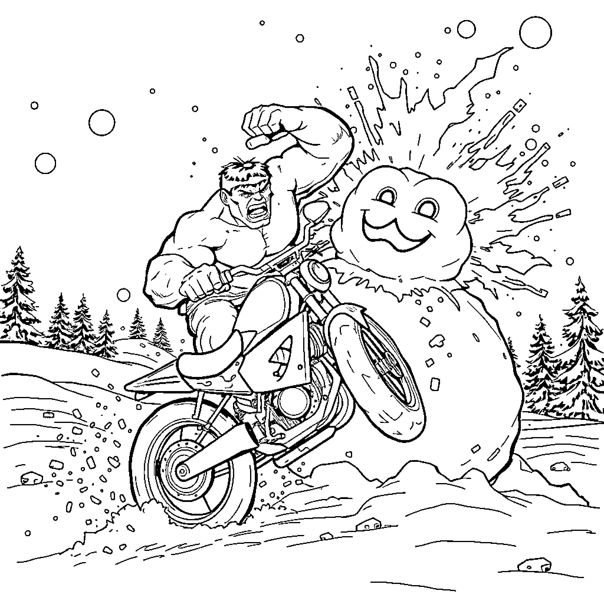 Hulk racing a snowman on a motorcycle in the winter Coloring Page (free black-and-white line drawing printable PDF for all, from beginners to advanced learners, including children, teens, adults, and seniors)