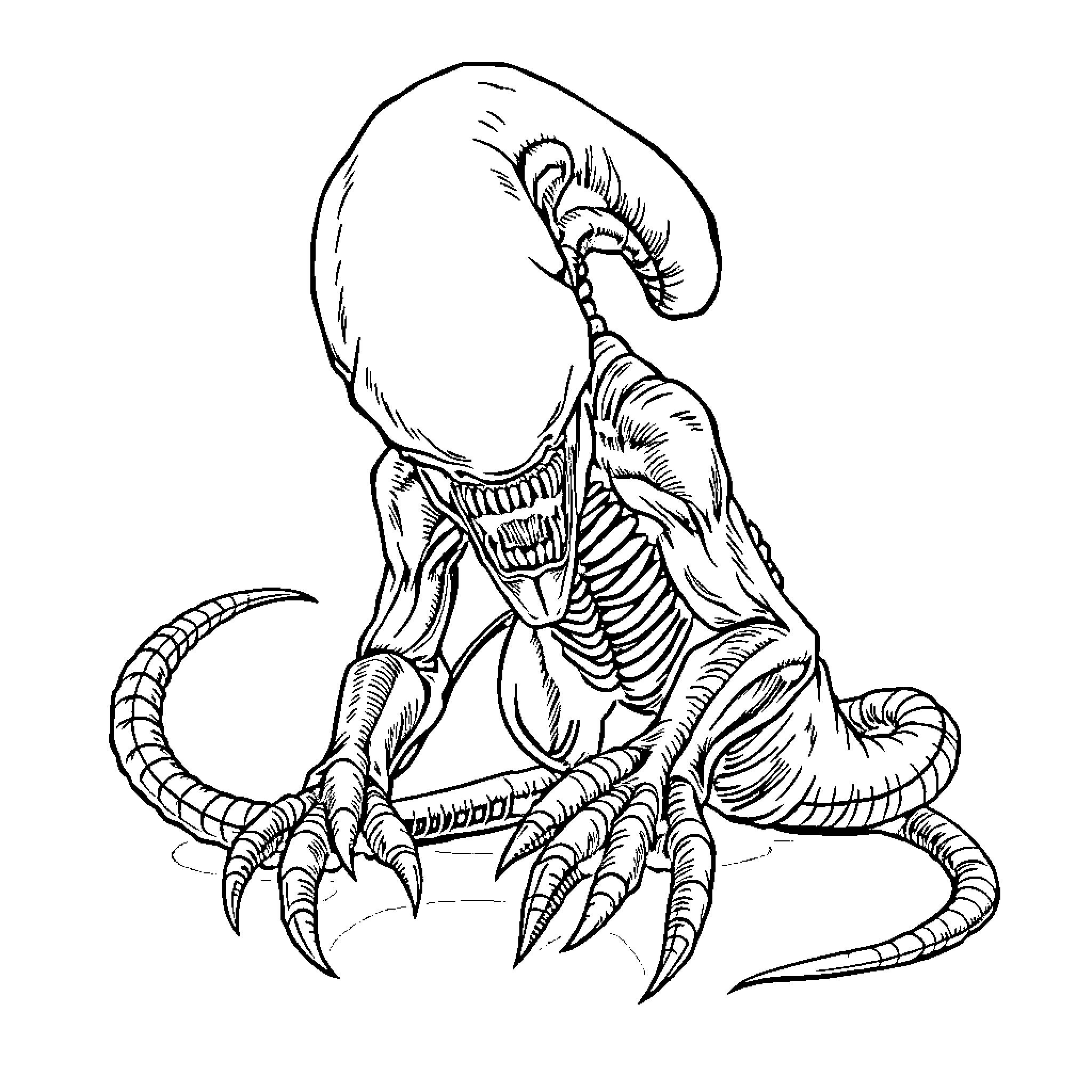 Xenomorph menacing figure with sharp claws and teeth Coloring Page (free black-and-white line drawing printable PDF for all, from beginners to advanced learners, including children, teens, adults, and seniors)