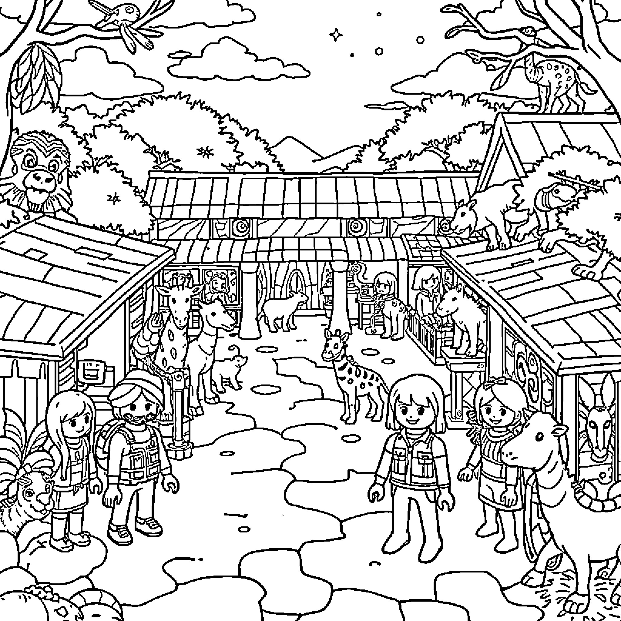 Playmobil Zoo with Animals and Visitors Coloring Page (free black-and-white line drawing printable PDF for all, from beginners to advanced learners, including children, teens, adults, and seniors)