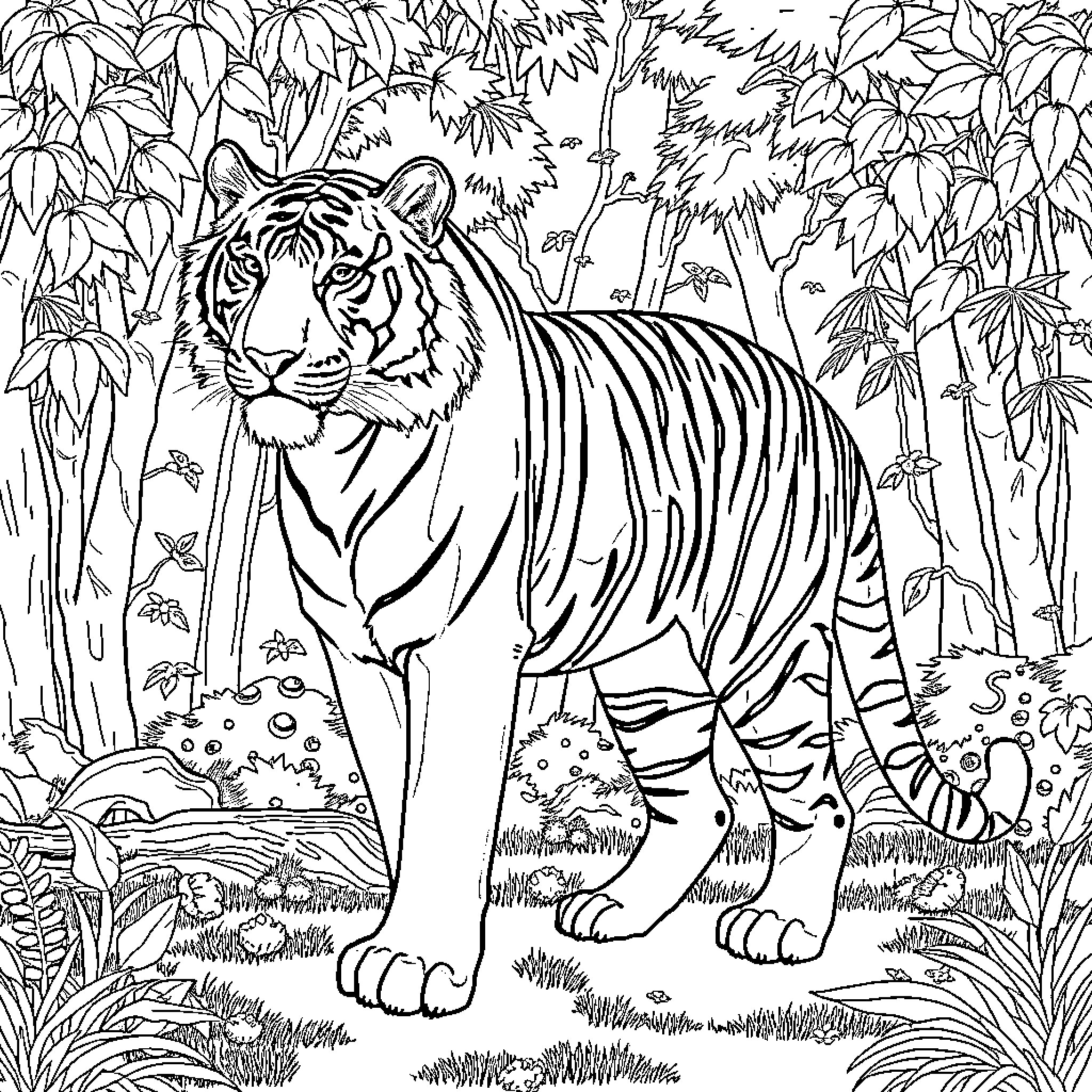 Tiger standing majestic in the lush jungle Coloring Page (free black-and-white line drawing printable PDF for all, from beginners to advanced learners, including children, teens, adults, and seniors)