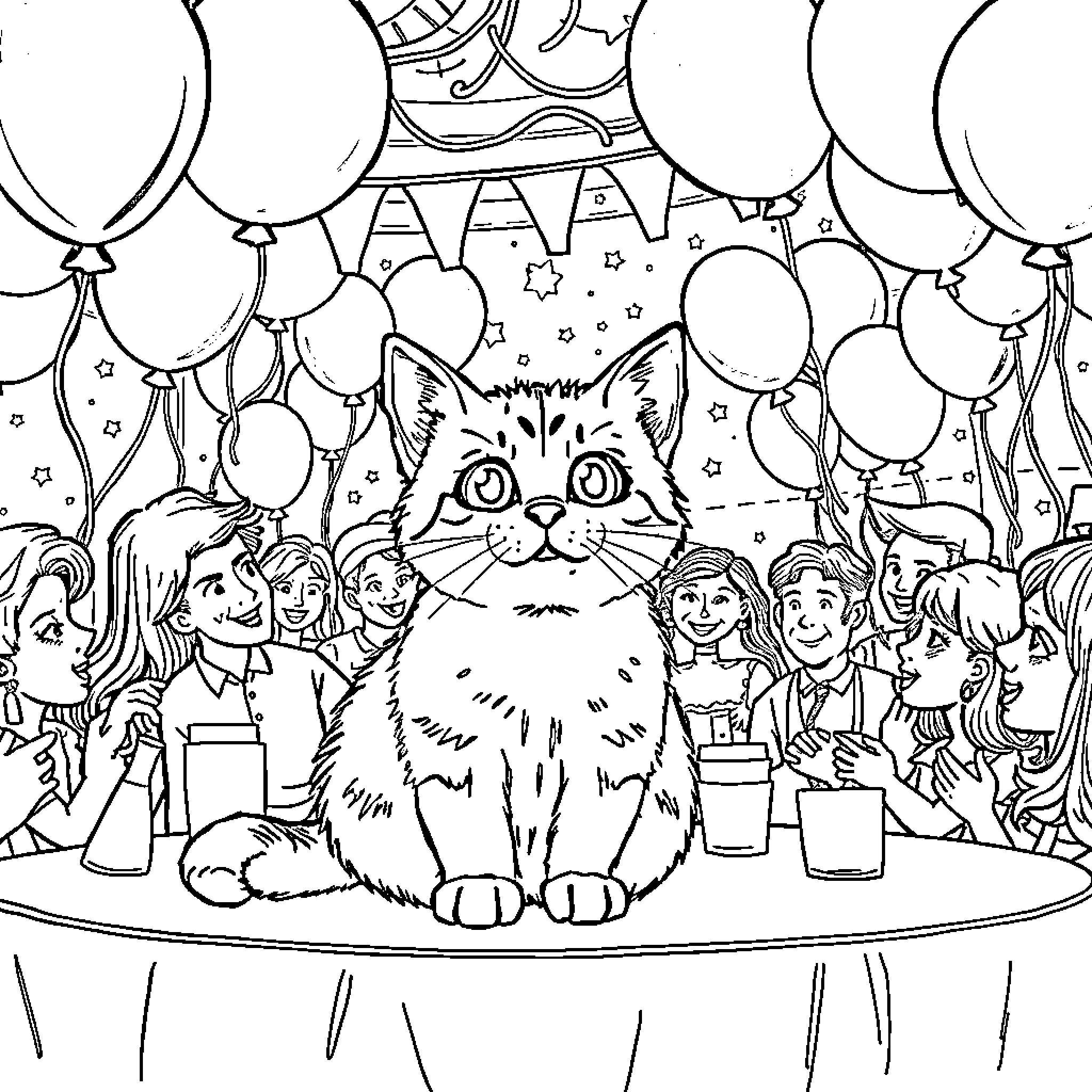 Cat enjoying a birthday party with balloons Coloring Page (free black-and-white line drawing printable PDF for all, from beginners to advanced learners, including children, teens, adults, and seniors)