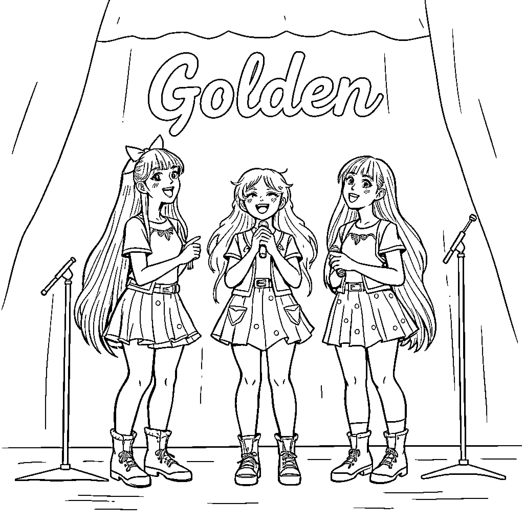 Girl Band Performing on Stage Coloring Page (free black-and-white line drawing printable PDF for all, from beginners to advanced learners, including children, teens, adults, and seniors)