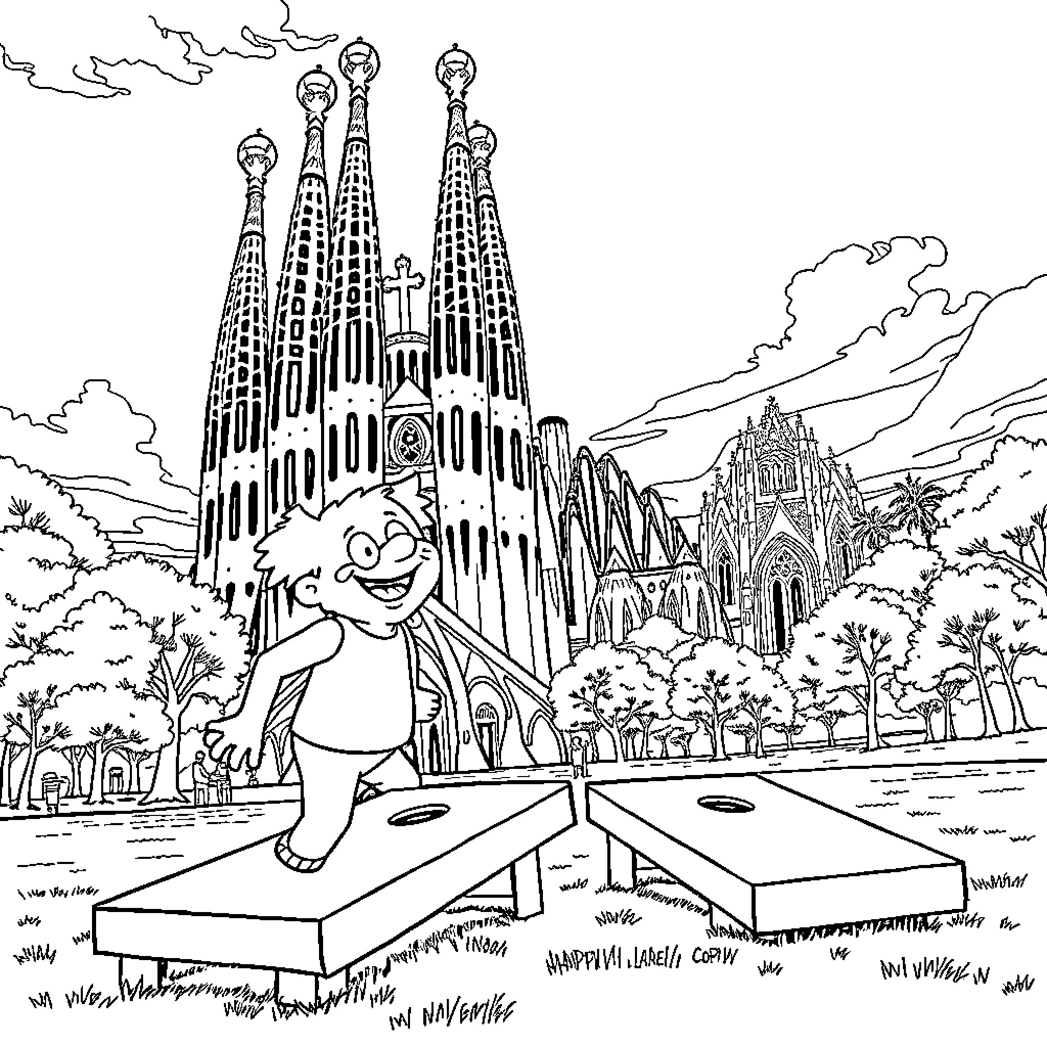 Cornhole game with iconic landmarks in the background Coloring Page (free black-and-white line drawing printable PDF for all, from beginners to advanced learners, including children, teens, adults, and seniors)