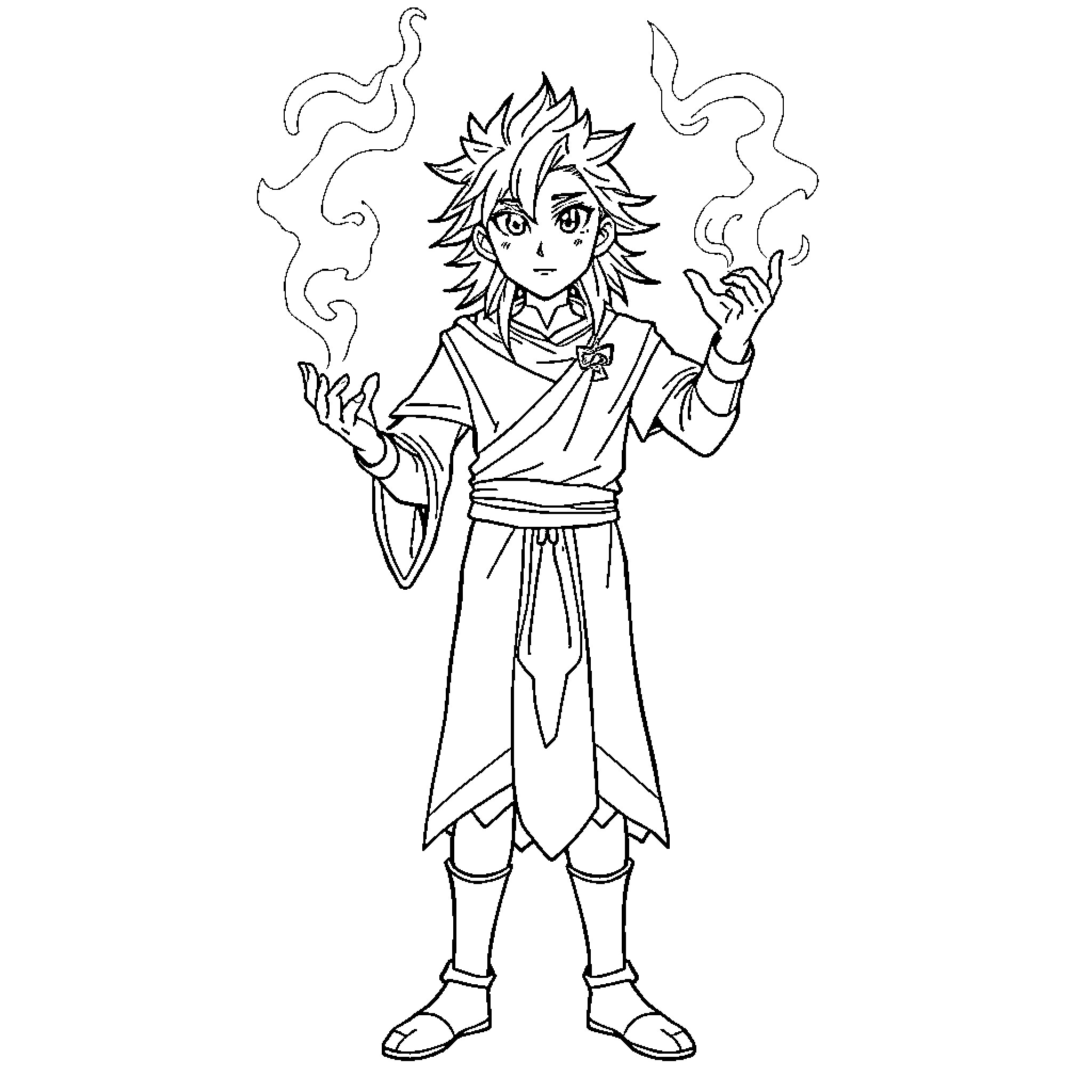 Sora's Magical Flames and Whimsical Attire Coloring Page (free black-and-white line drawing printable PDF for all, from beginners to advanced learners, including children, teens, adults, and seniors)
