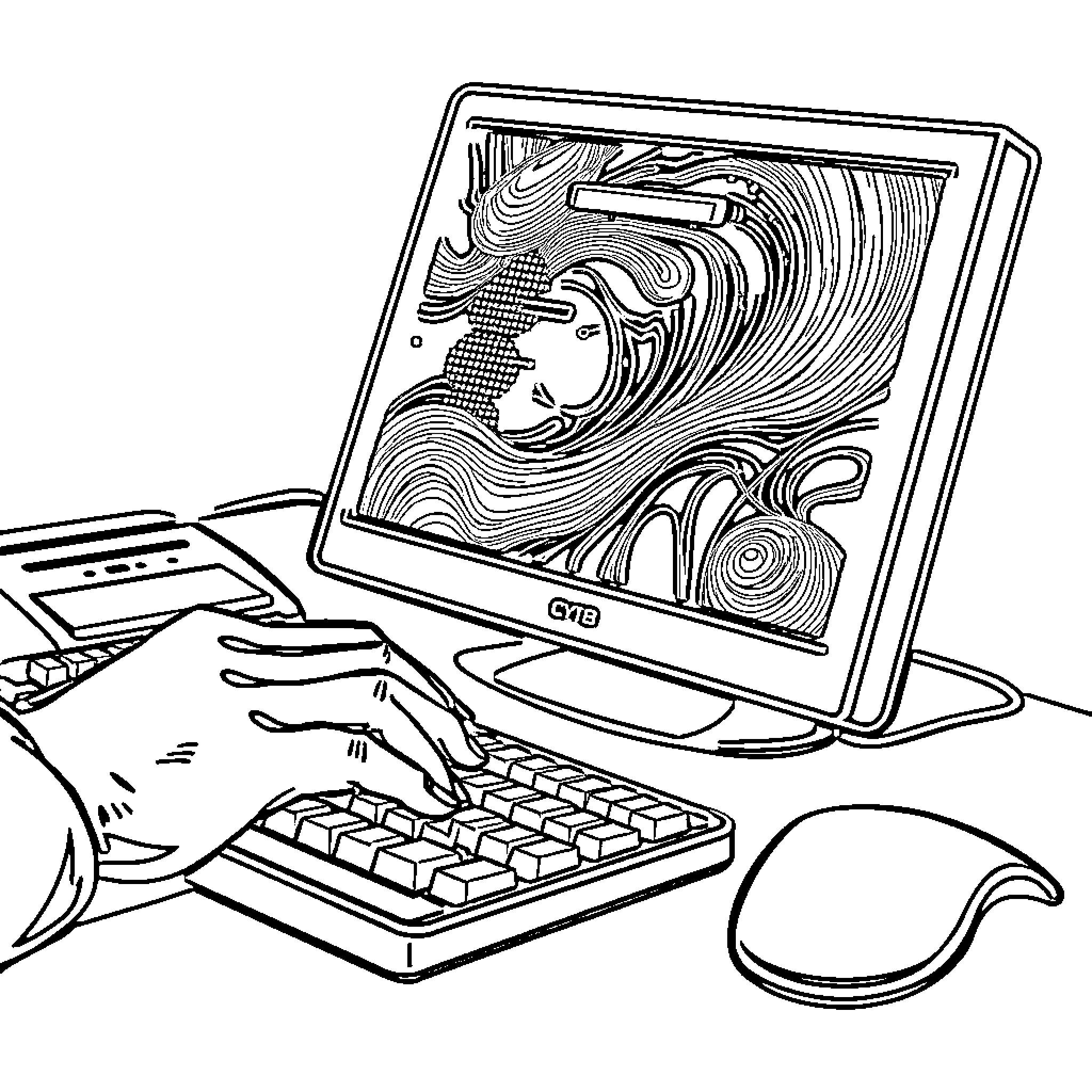 Keyboard and computer interaction Coloring Page (free black-and-white line drawing printable PDF for all, from beginners to advanced learners, including children, teens, adults, and seniors)