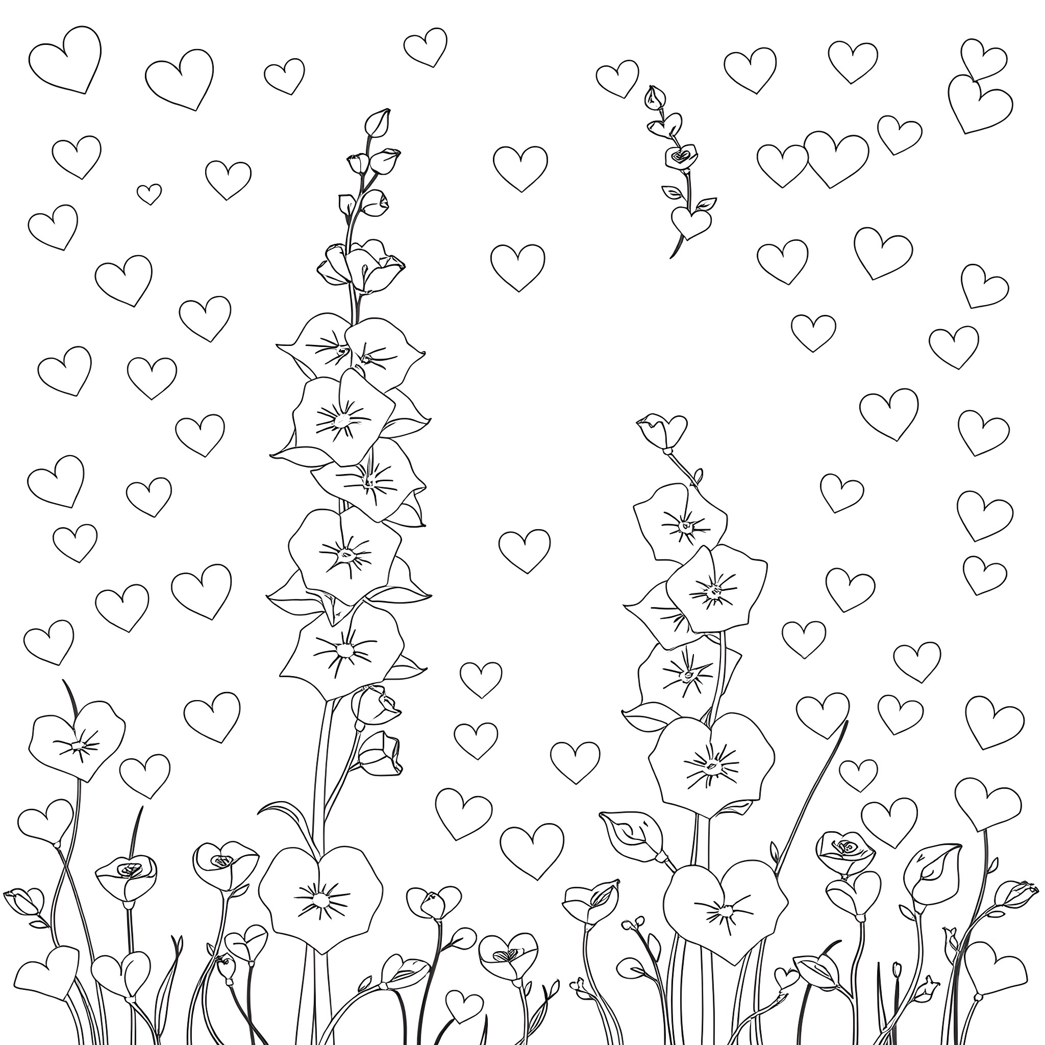 Foxglove flowers surrounded by hearts Coloring Page (free black-and-white line drawing printable PDF for all, from beginners to advanced learners, including children, teens, adults, and seniors)