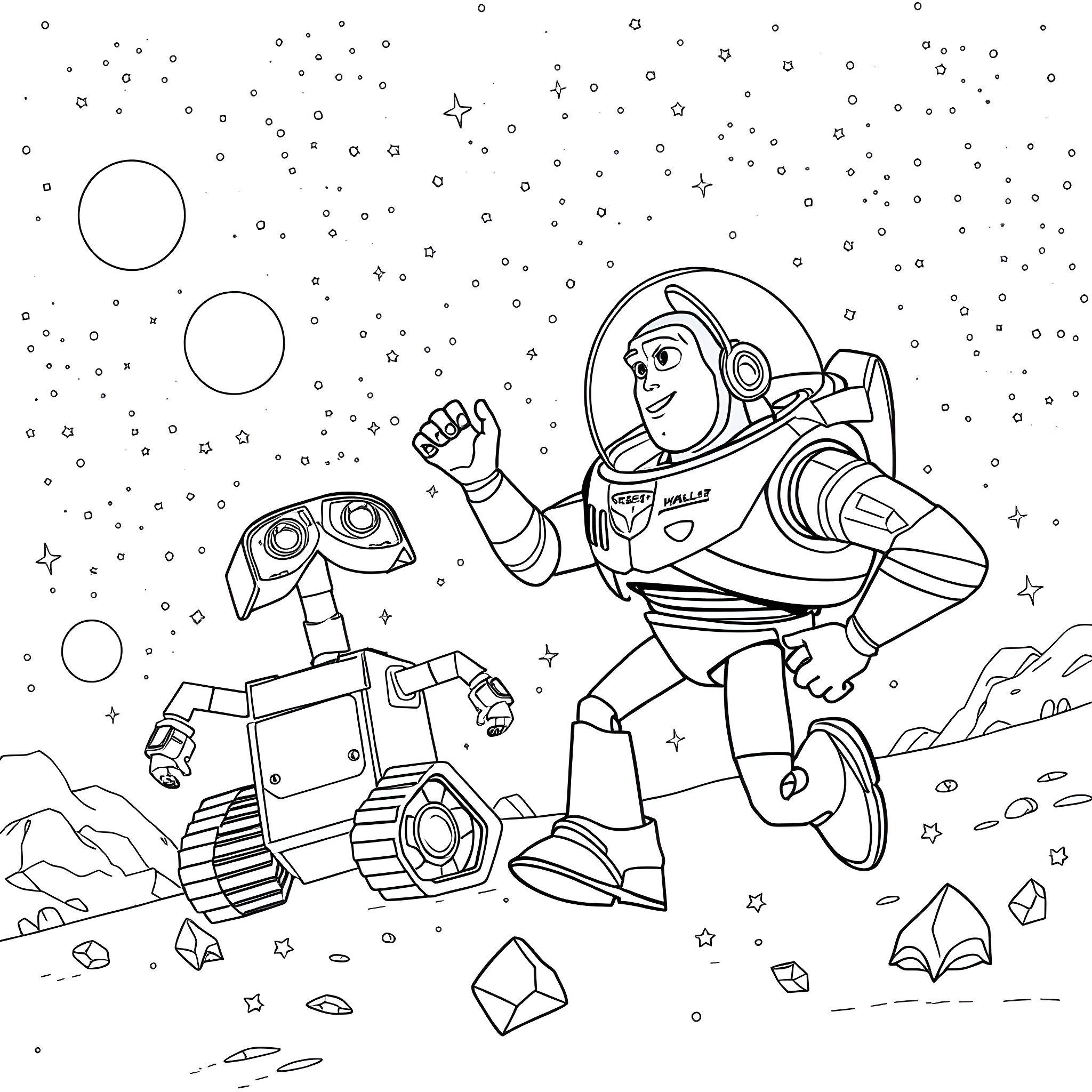 Buzz Lightyear exploring space with robot companion Coloring Page (free black-and-white line drawing printable PDF for all, from beginners to advanced learners, including children, teens, adults, and seniors)