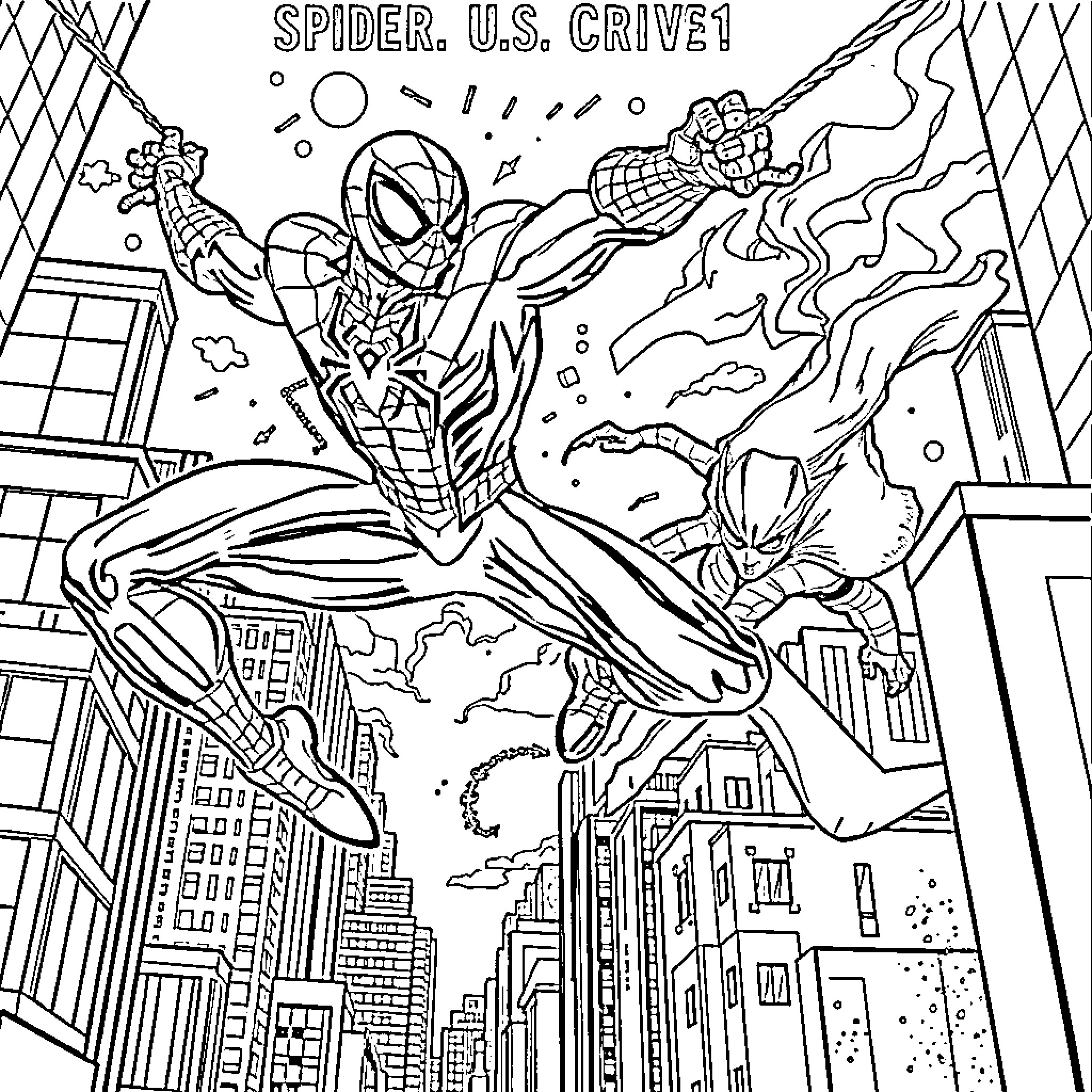 Spiderman swinging through the city on a heroic mission Coloring Page (free black-and-white line drawing printable PDF for all, from beginners to advanced learners, including children, teens, adults, and seniors)