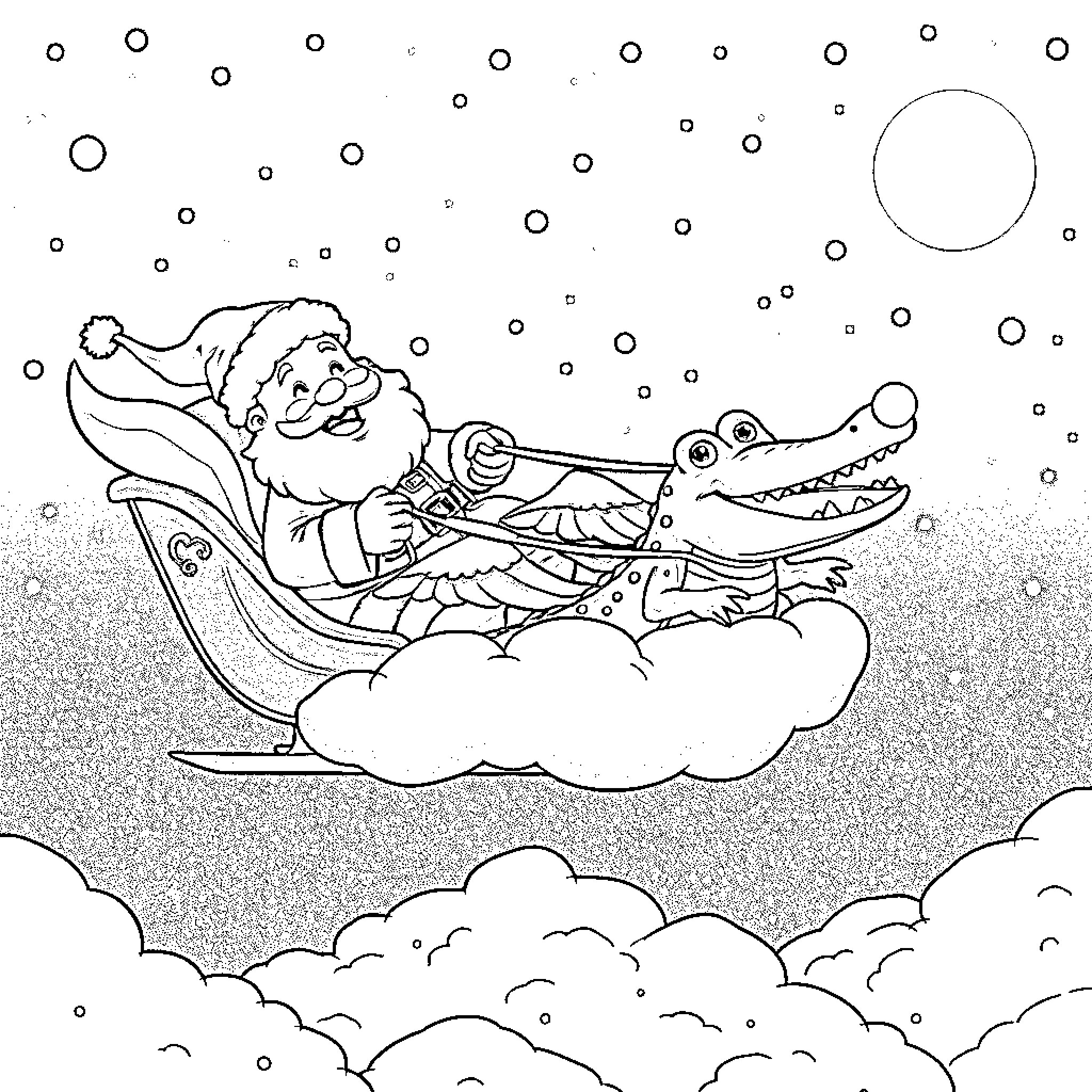 Santa riding a sleigh with a friendly alligator Coloring Page (free black-and-white line drawing printable PDF for all, from beginners to advanced learners, including children, teens, adults, and seniors)
