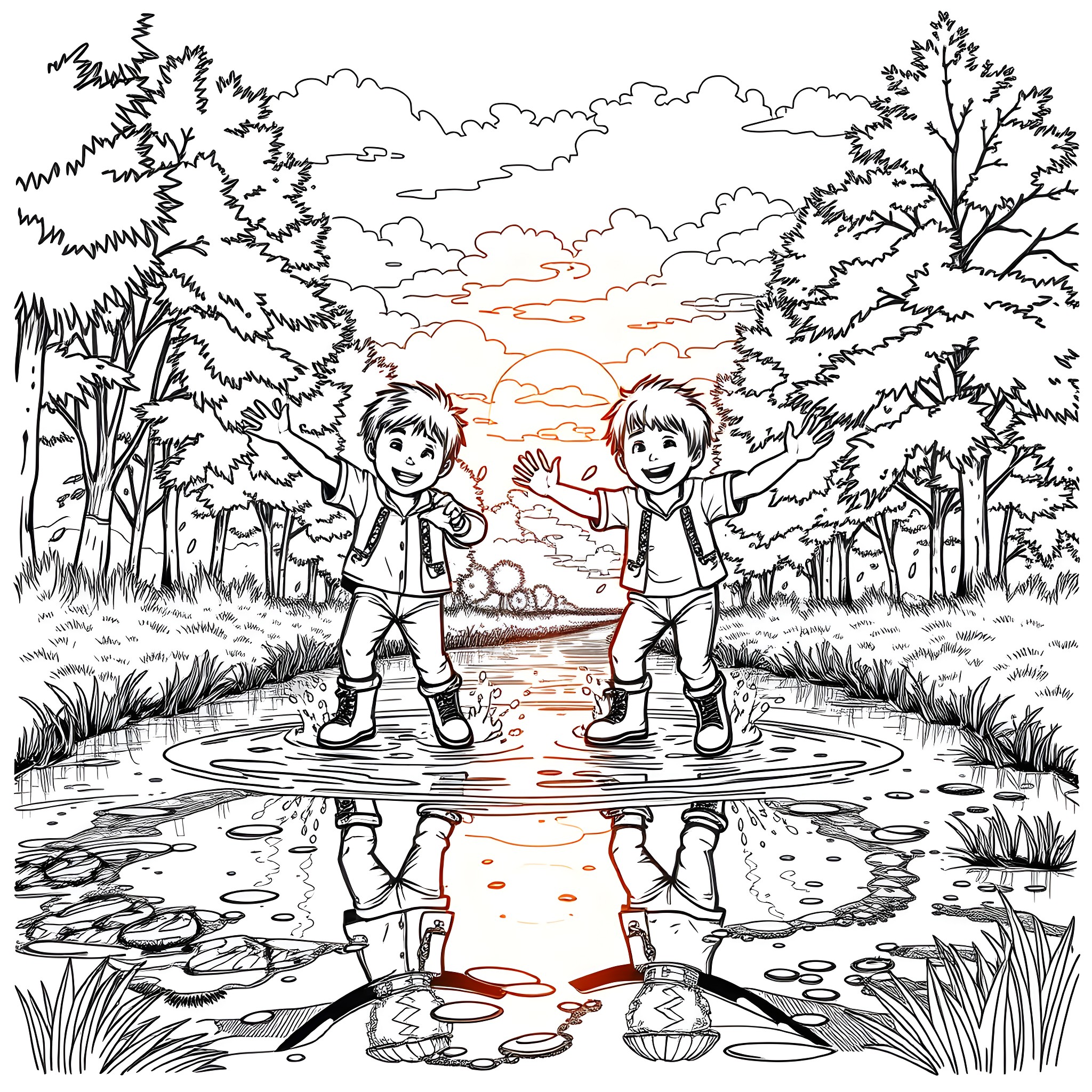 Boy Exploring Nature with Companion Coloring Page (free black-and-white line drawing printable PDF for all, from beginners to advanced learners, including children, teens, adults, and seniors)