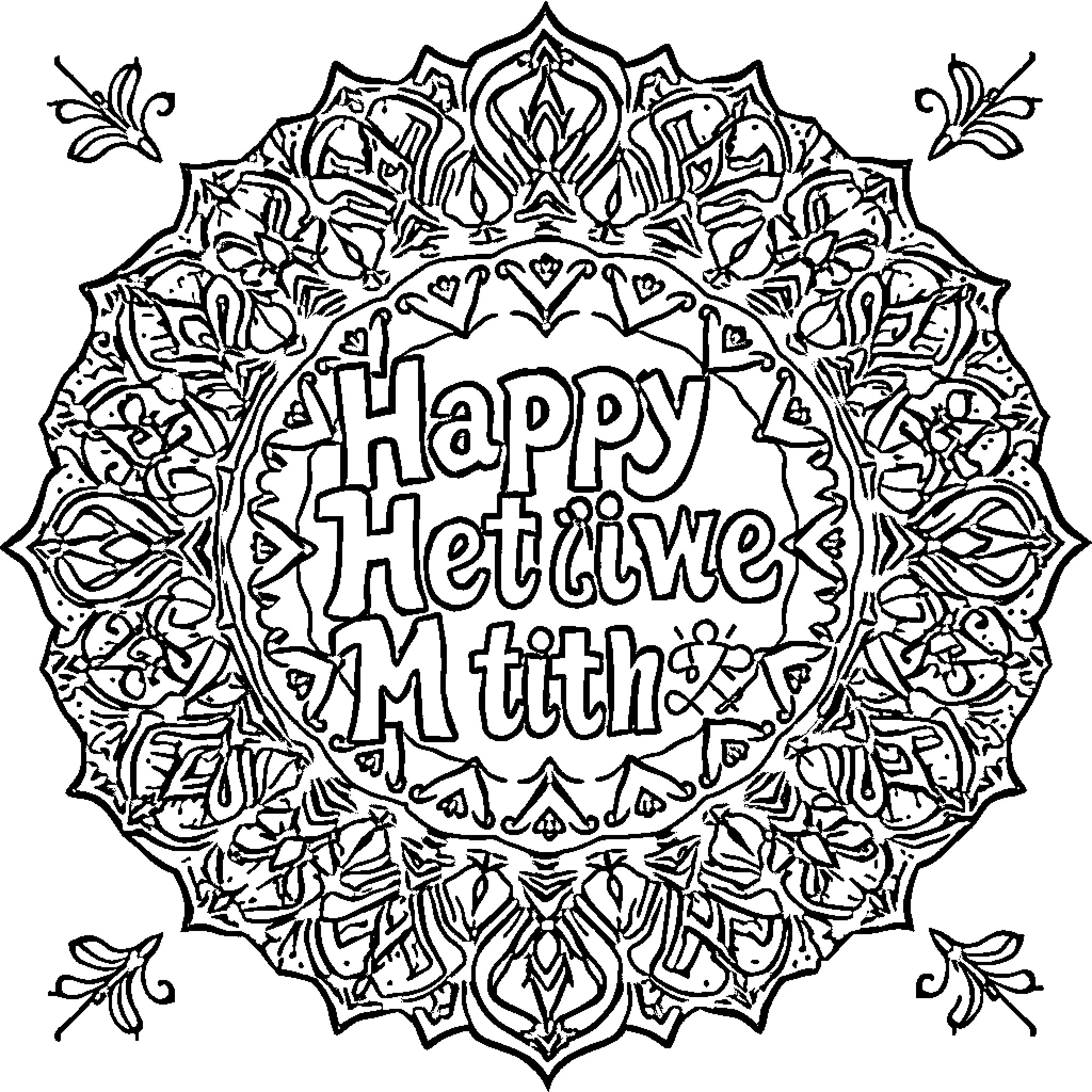 Mandalas with Happy Hective M tith message Coloring Page (free black-and-white line drawing printable PDF for all, from beginners to advanced learners, including children, teens, adults, and seniors)