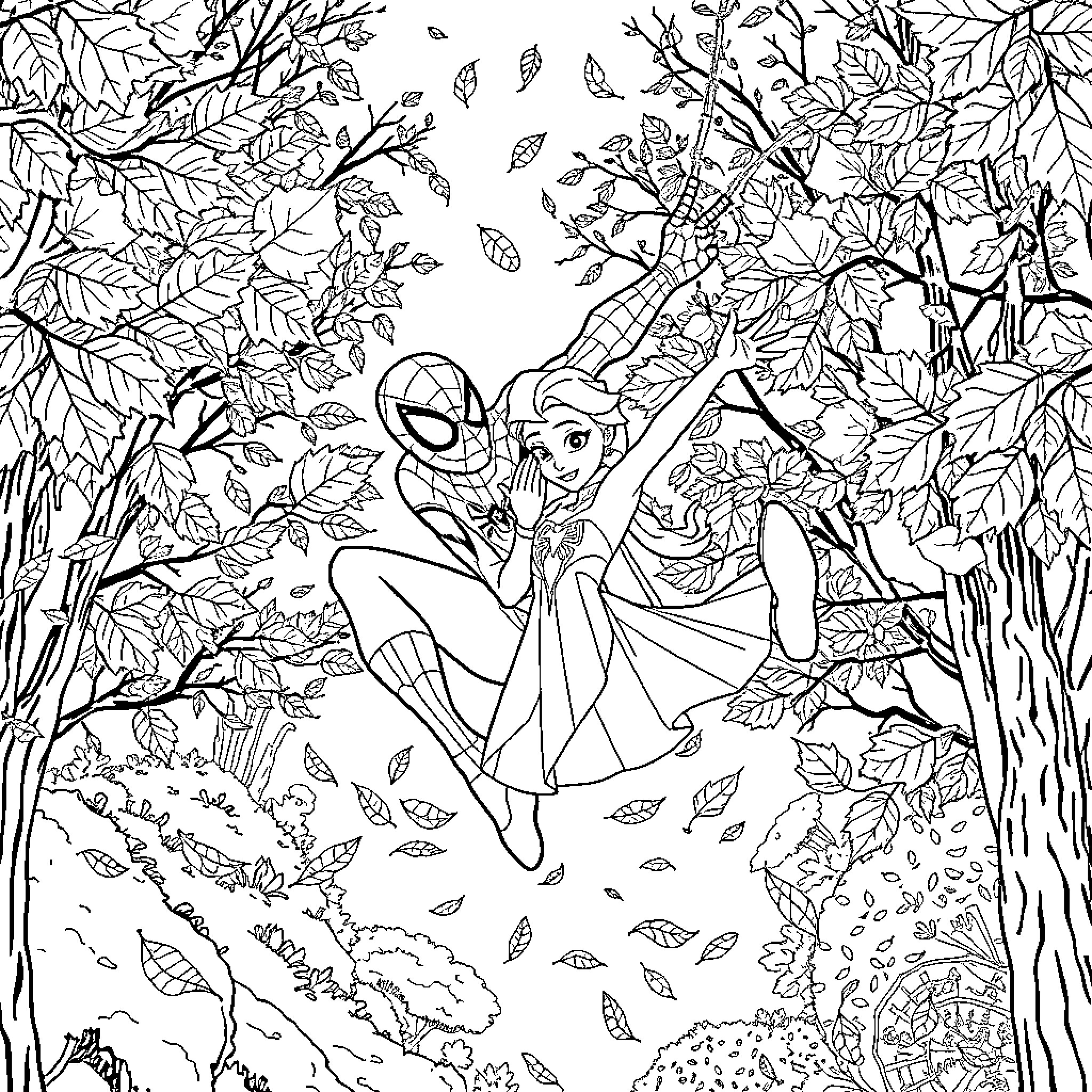 Spiderman swinging through the autumnal forest Coloring Page (free black-and-white line drawing printable PDF for all, from beginners to advanced learners, including children, teens, adults, and seniors)