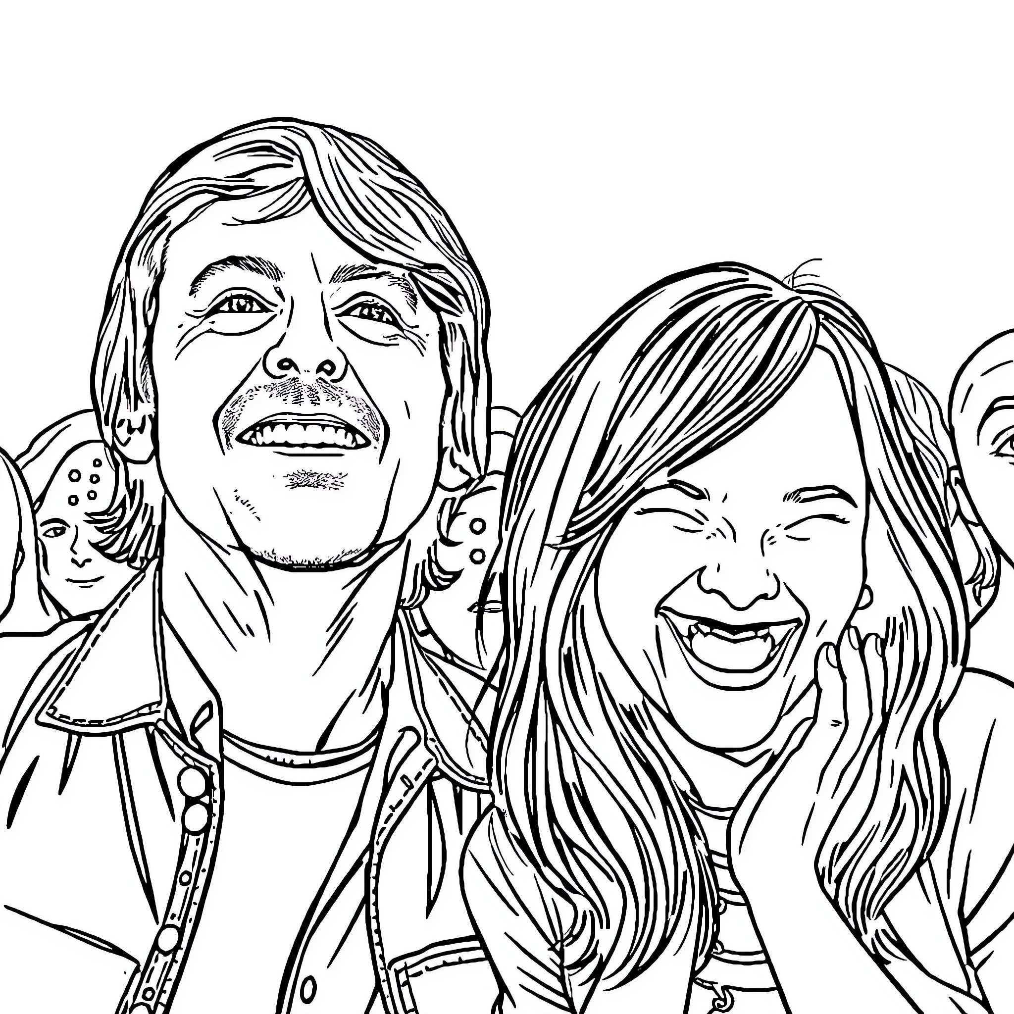 Paul McCartney and friend in expressive, joyful poses Coloring Page (free black-and-white line drawing printable PDF for all, from beginners to advanced learners, including children, teens, adults, and seniors)