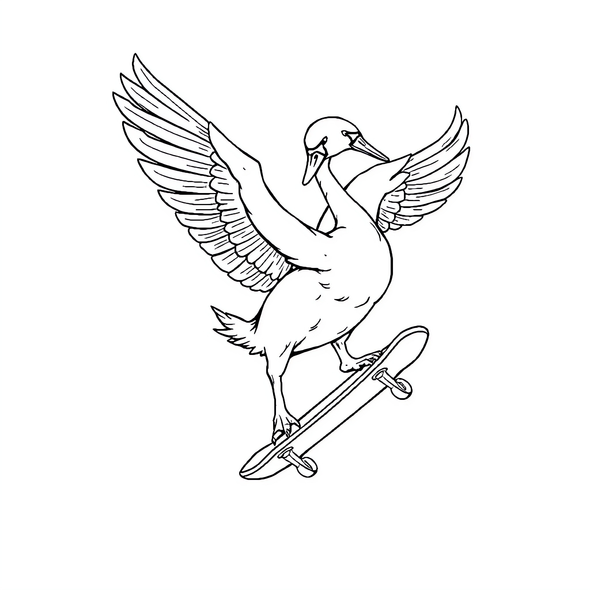 Swan gliding gracefully on skateboard Coloring Page (free black-and-white line drawing printable PDF for all, from beginners to advanced learners, including children, teens, adults, and seniors)