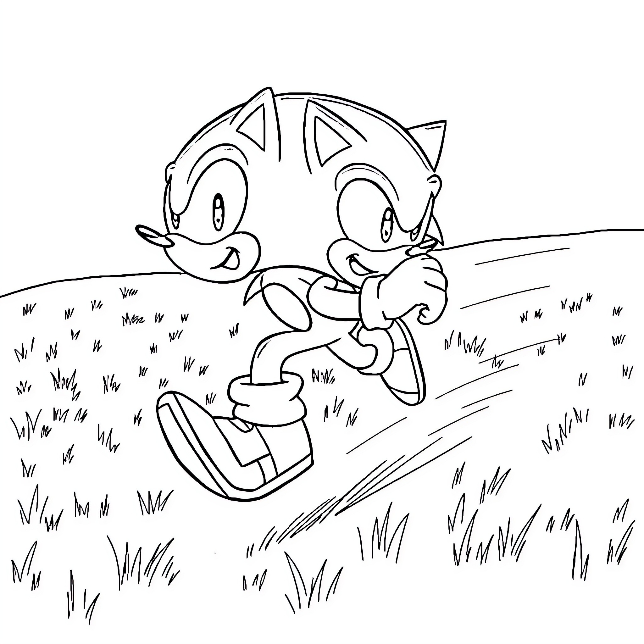 Sonic characters running swiftly through the meadow Coloring Page (free black-and-white line drawing printable PDF for all, from beginners to advanced learners, including children, teens, adults, and seniors)