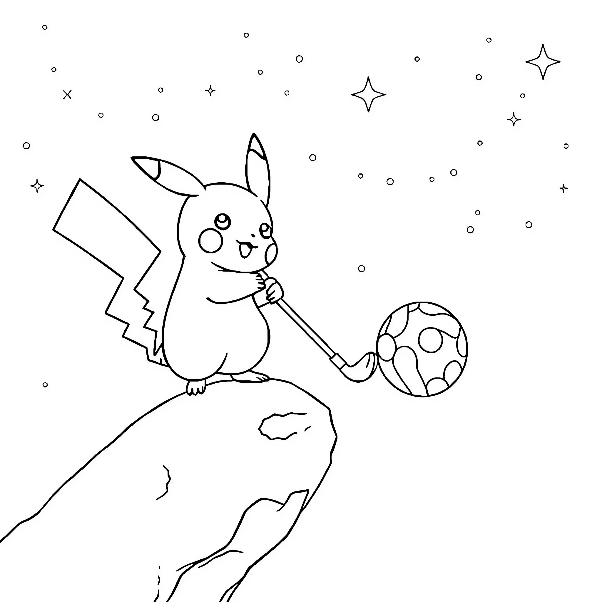 Pikachu playing with a spotted ball under the stars Coloring Page (free black-and-white line drawing printable PDF for all, from beginners to advanced learners, including children, teens, adults, and seniors)