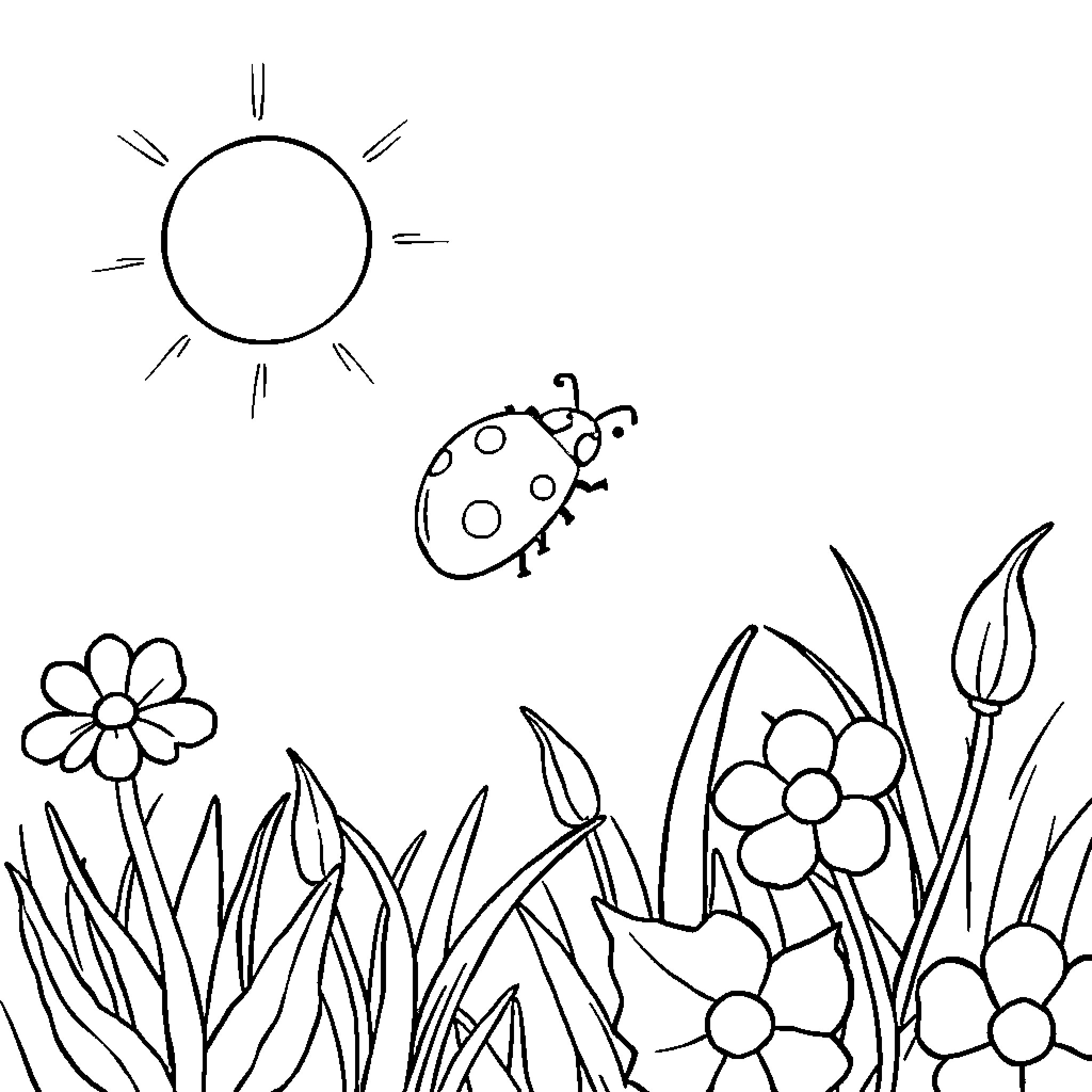 Ladybug exploring the vibrant floral garden Coloring Page (free black-and-white line drawing printable PDF for all, from beginners to advanced learners, including children, teens, adults, and seniors)