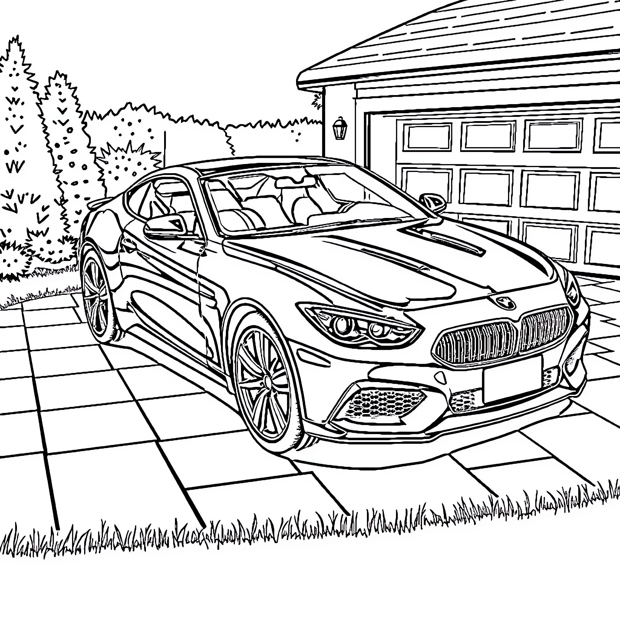 Car parked in front of garage with landscaping Coloring Page (free black-and-white line drawing printable PDF for all, from beginners to advanced learners, including children, teens, adults, and seniors)