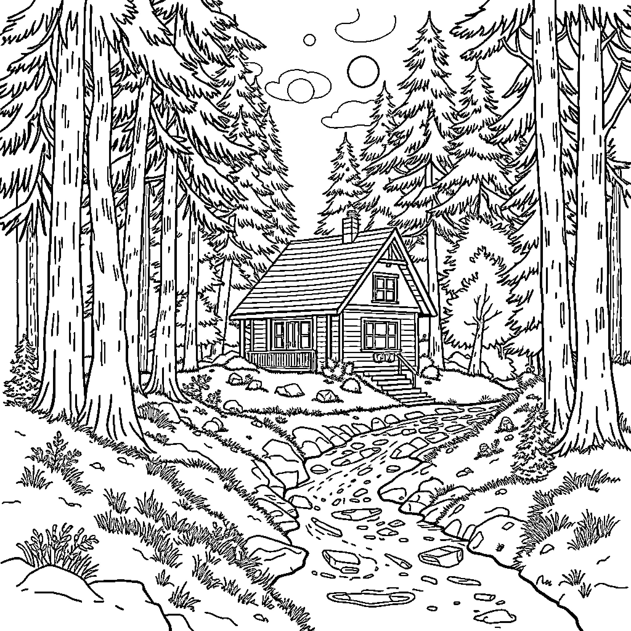 House in the Peaceful Forest Landscape Coloring Page (free black-and-white line drawing printable PDF for all, from beginners to advanced learners, including children, teens, adults, and seniors)
