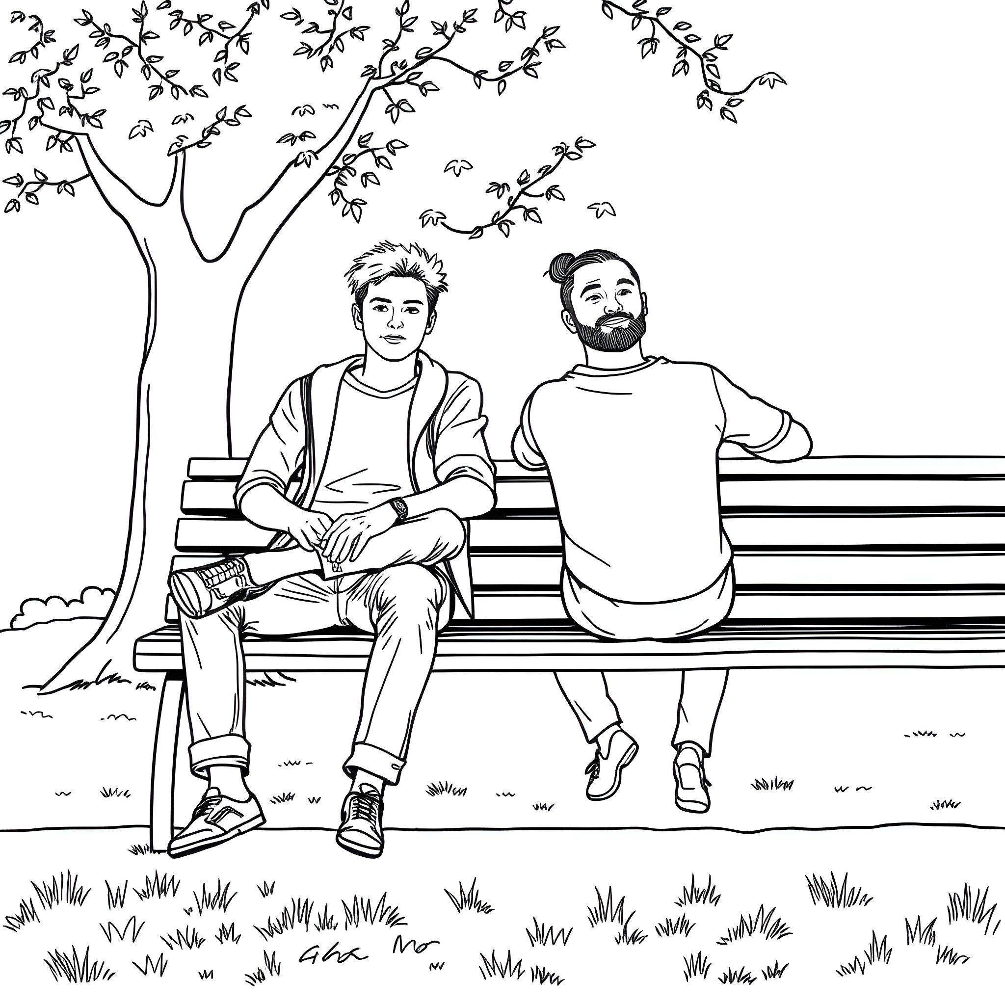 Guy Sitting on Bench with Friend in Park Coloring Page (free black-and-white line drawing printable PDF for all, from beginners to advanced learners, including children, teens, adults, and seniors)