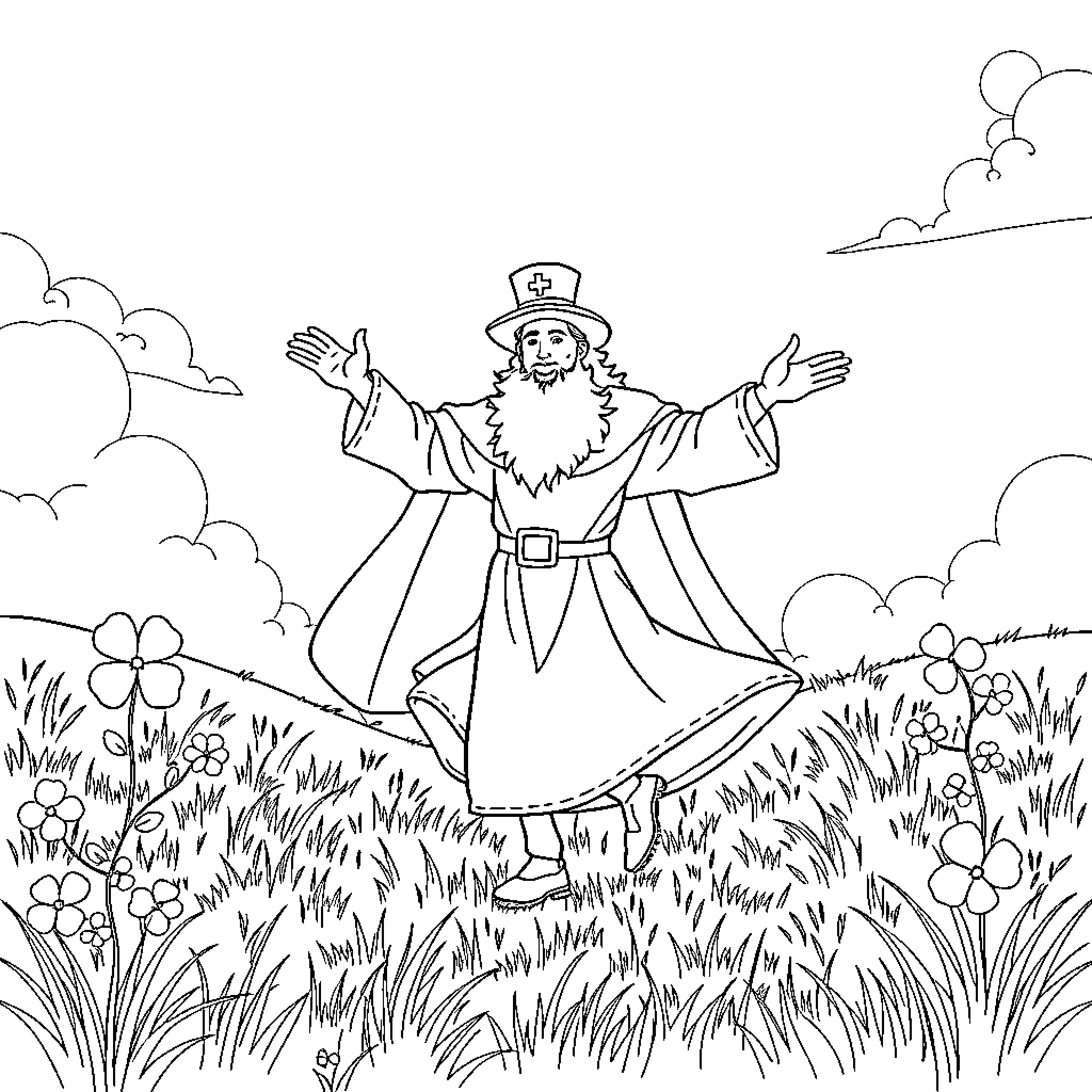 Saint Patrick blessing the fields with open arms Coloring Page (free black-and-white line drawing printable PDF for all, from beginners to advanced learners, including children, teens, adults, and seniors)